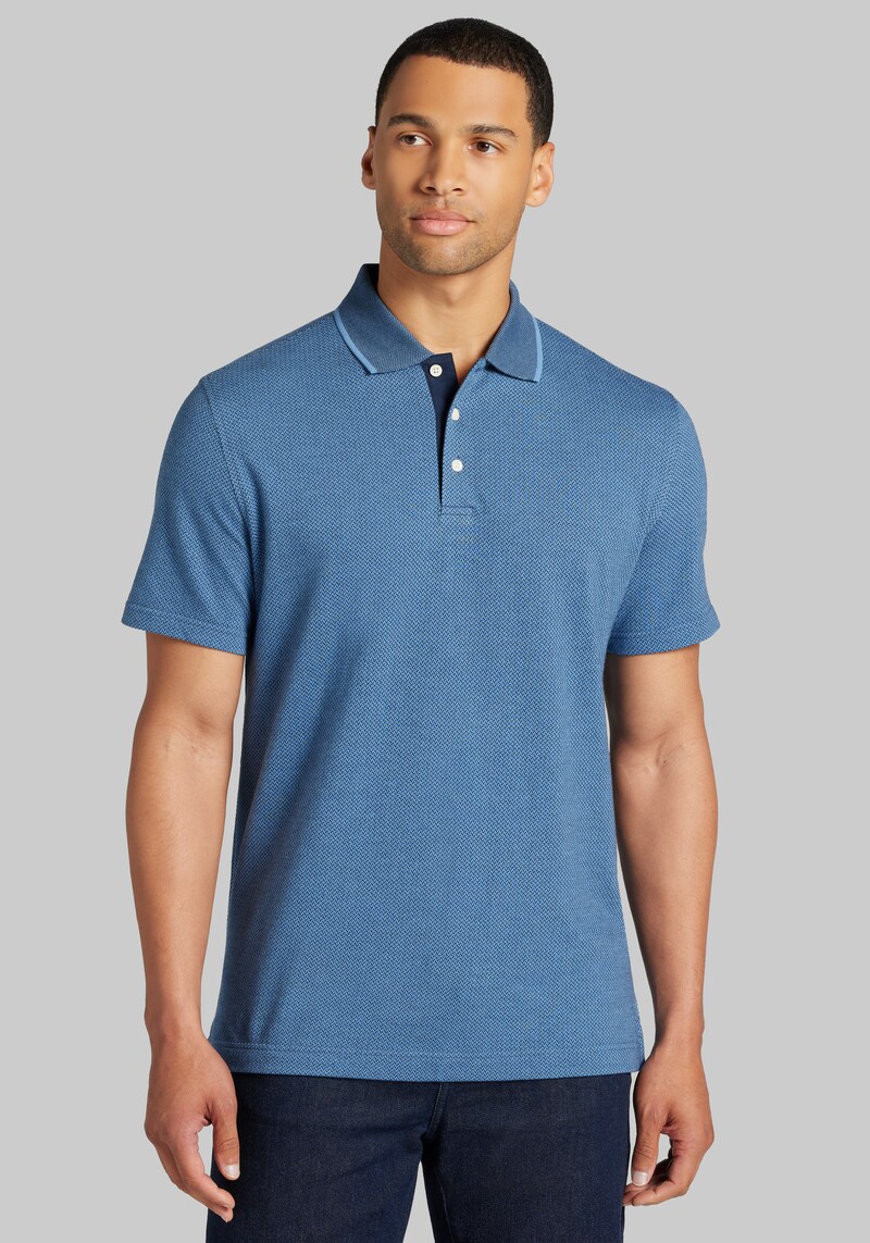 Men's Jos. A. Bank Tailored Fit Jacquard Short Sleeve Polo at Jos. A. Bank, Blue/Quiet Harbor, Size Medium - Shirts