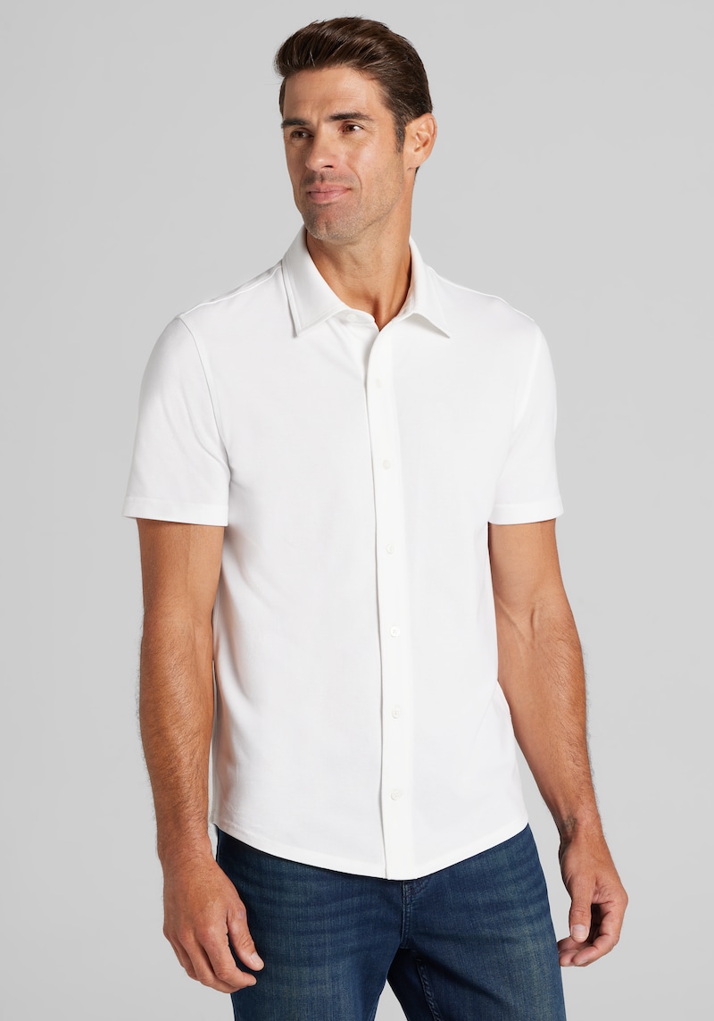Men's Big & Tall Jos. A. Bank Tailored Fit Pique Short Sleeve Button Up Shirt at Jos. A. Bank, Bright White/Cream/White, Size XX Large