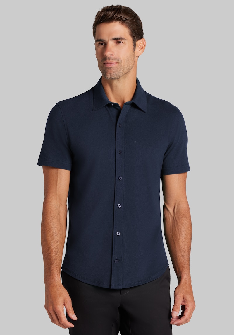 Men's Jos. A. Bank Tailored Fit Pique Short Sleeve Button Up Shirt at Jos. A. Bank, Blue/Navy Blazer, Size X Large