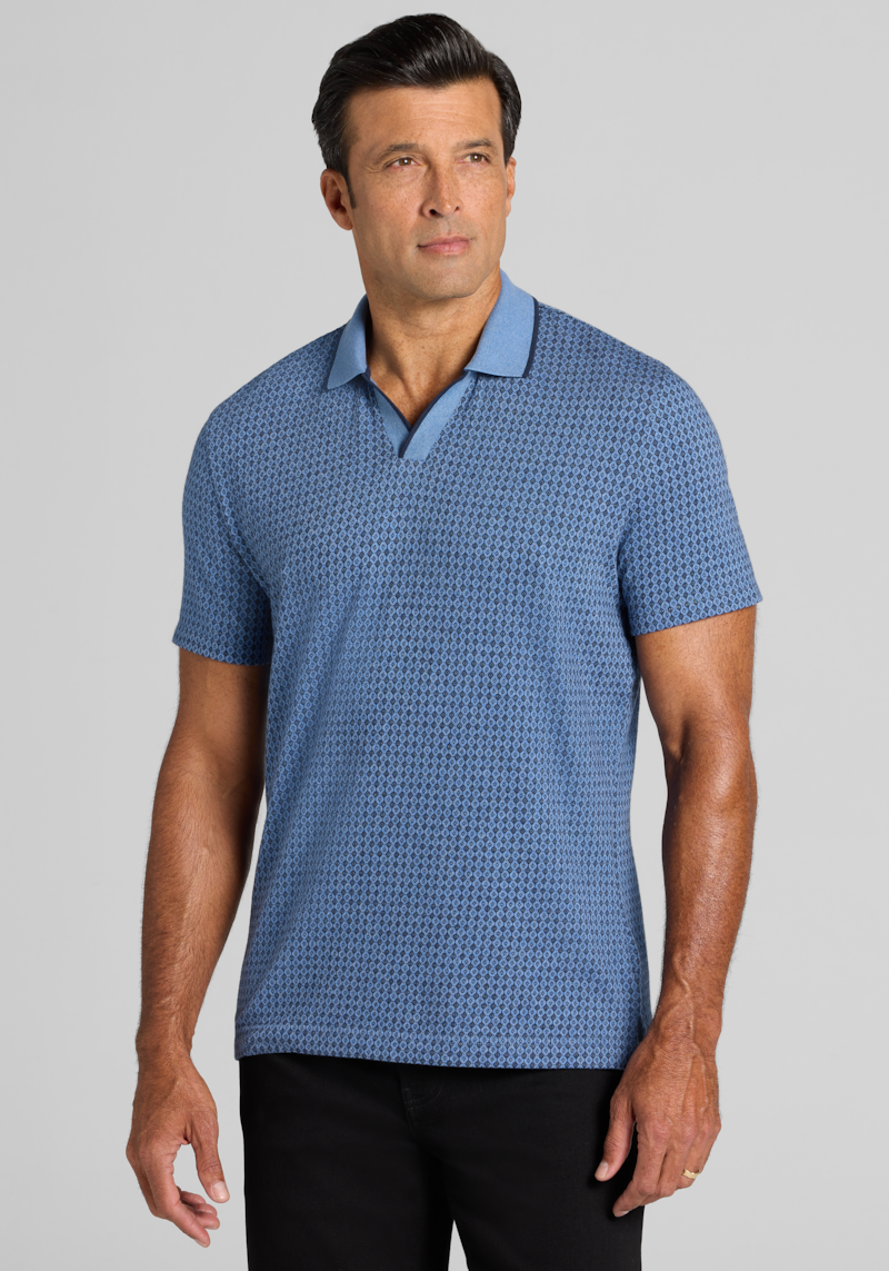 Men's Jos. A. Bank Tailored Fit Medallion Jacquard Tipped Johnny Polo Shirt at Jos. A. Bank, Mid Blue Heather, Size Small - Shirts