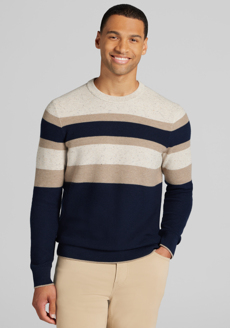 Men's Big & Tall Jos. A. Bank Tailored Fit Crew Neck Stripe Sweater at Jos. A. Bank, Cream/Ivory Heather/White, Size 2 X Tall