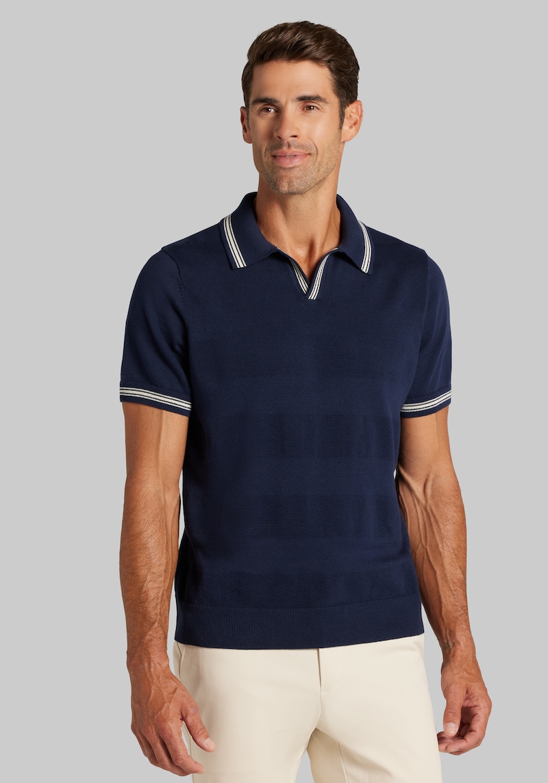 Men's Jos. A. Bank Tailored Fit Johnny Collar Short Sleeve Polo Sweater at Jos. A. Bank, Blue/Navy Blazer, Size Small - Shirts