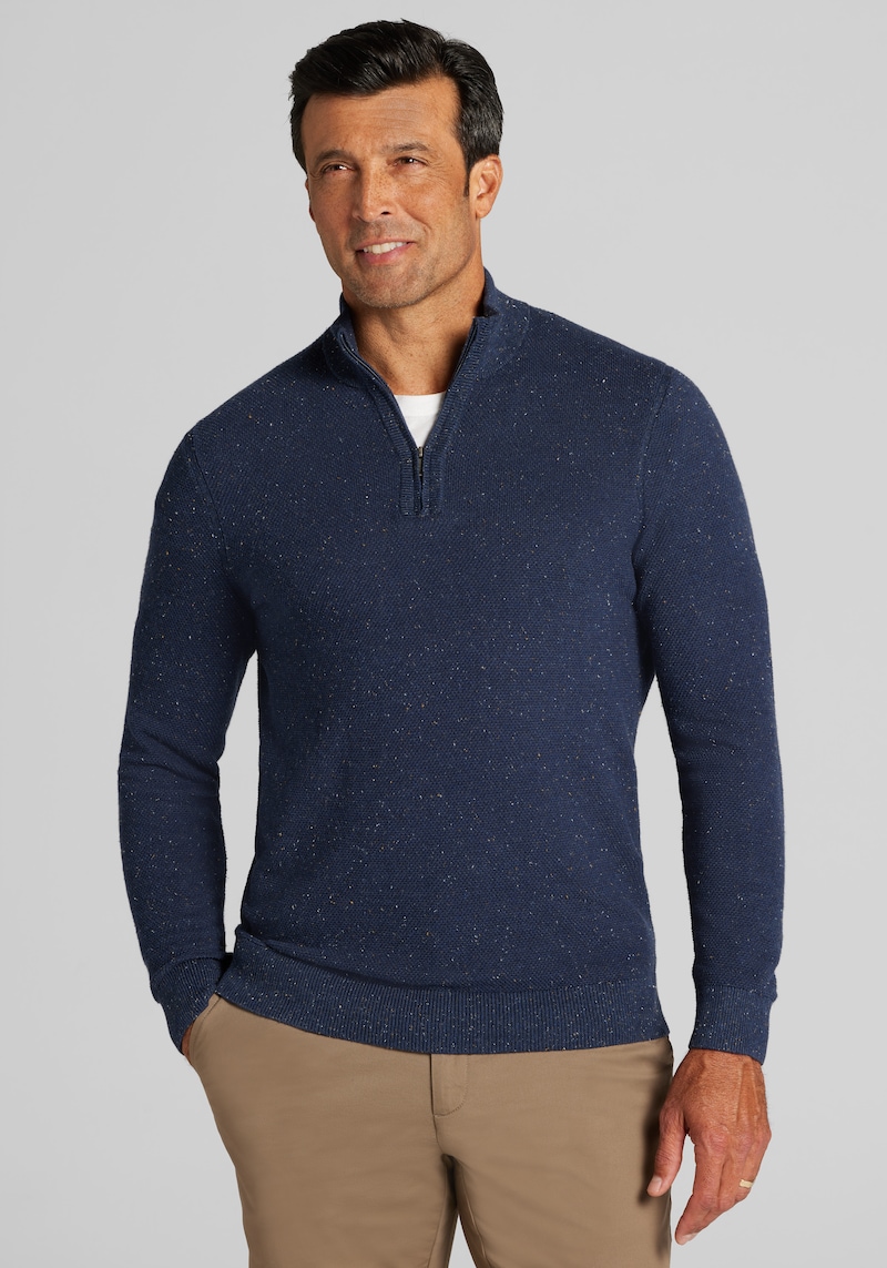 Men's Big & Tall Jos. A. Bank Tailored Fit Textured Stitch 1/4 Zip Sweater at Jos. A. Bank, Blue/Navy Blazer Heather, Size 2 X Tall