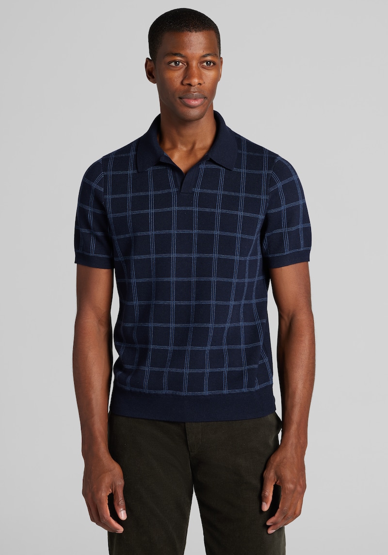 Men's Jos. A. Bank Tailored Fit Grid Birdseye Short Sleeve Polo Sweater at Jos. A. Bank, Blue/Navy Blazer, Size Medium - Shirts