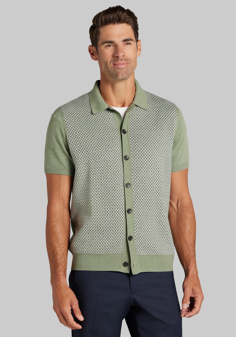 Men's Jos. A. Bank Tailored Fit Short Sleeve Birdseye Jacquard Polo Sweater at Jos. A. Bank, Green/Turtledove, Size Medium - Shirts