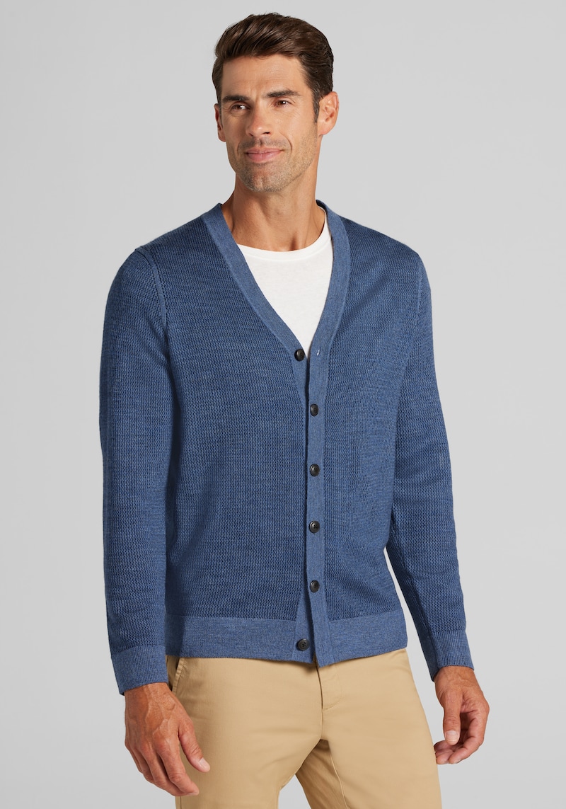 Men's Jos. A. Bank Tailored Fit Cardigan at Jos. A. Bank, Blue Horizon Heather, Size X Large - Sweaters
