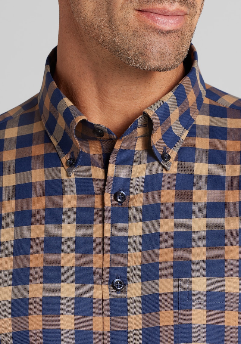 Men's Jos. A. Bank Tailored Fit Medium Gingham Plaid Button Up Shirt at Jos. A. Bank, Brown, Size Small