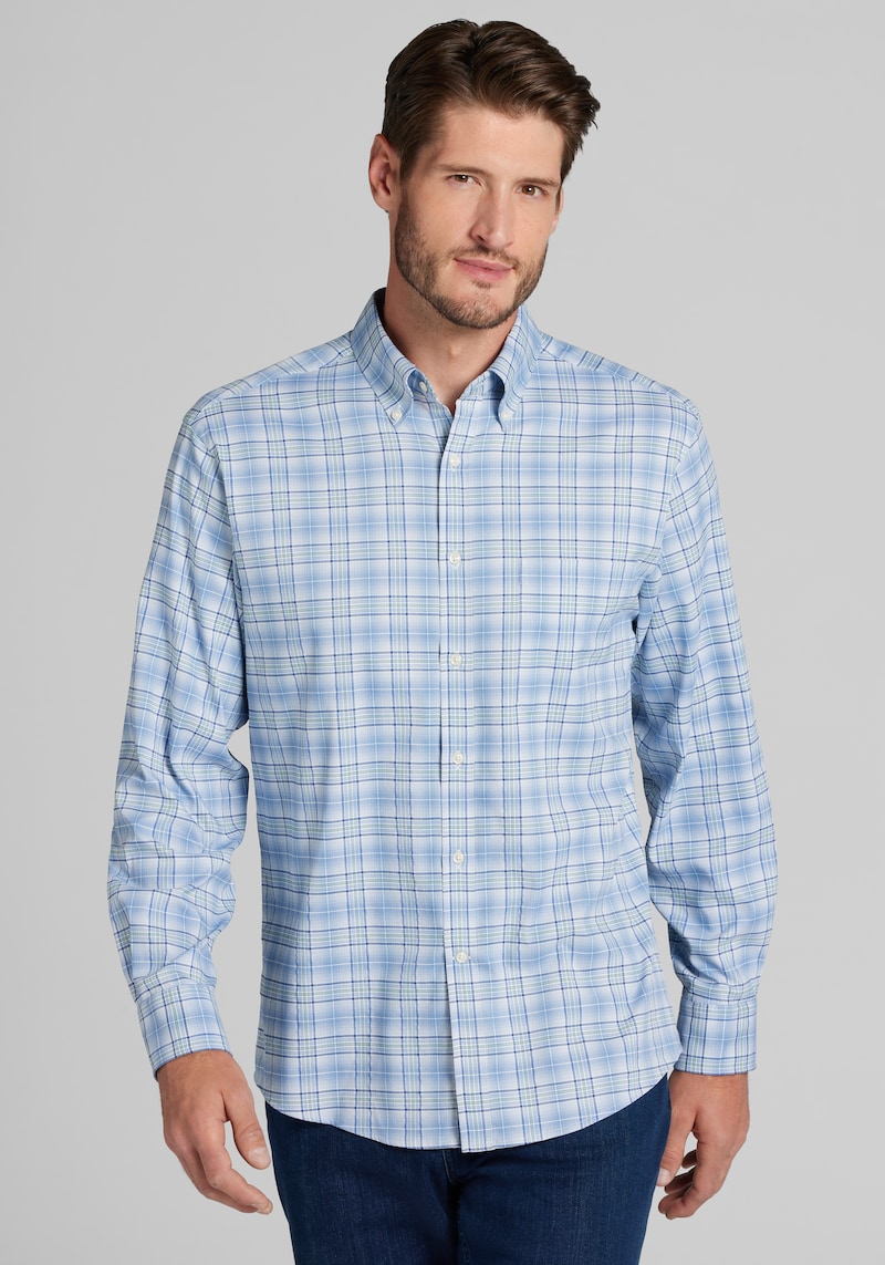Men's Big & Tall Traveler COOLMOTION Tailored Fit Plaid 4-Way Stretch Button Up Shirt at Jos. A. Bank, Blue, Size 3 X Big