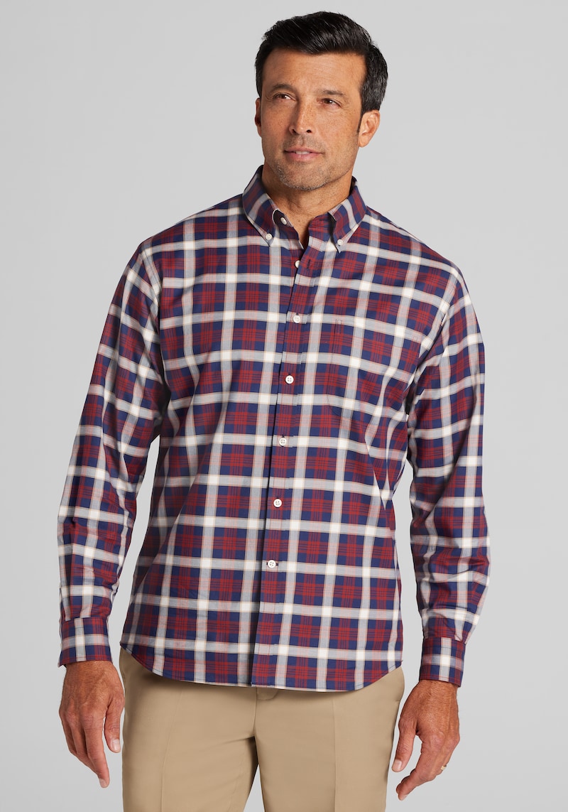 Men's Big & Tall Jos. A. Bank Traditional Fit Large Plaid Button Up Shirt at Jos. A. Bank, Burgundy, Size XLARGE TALL