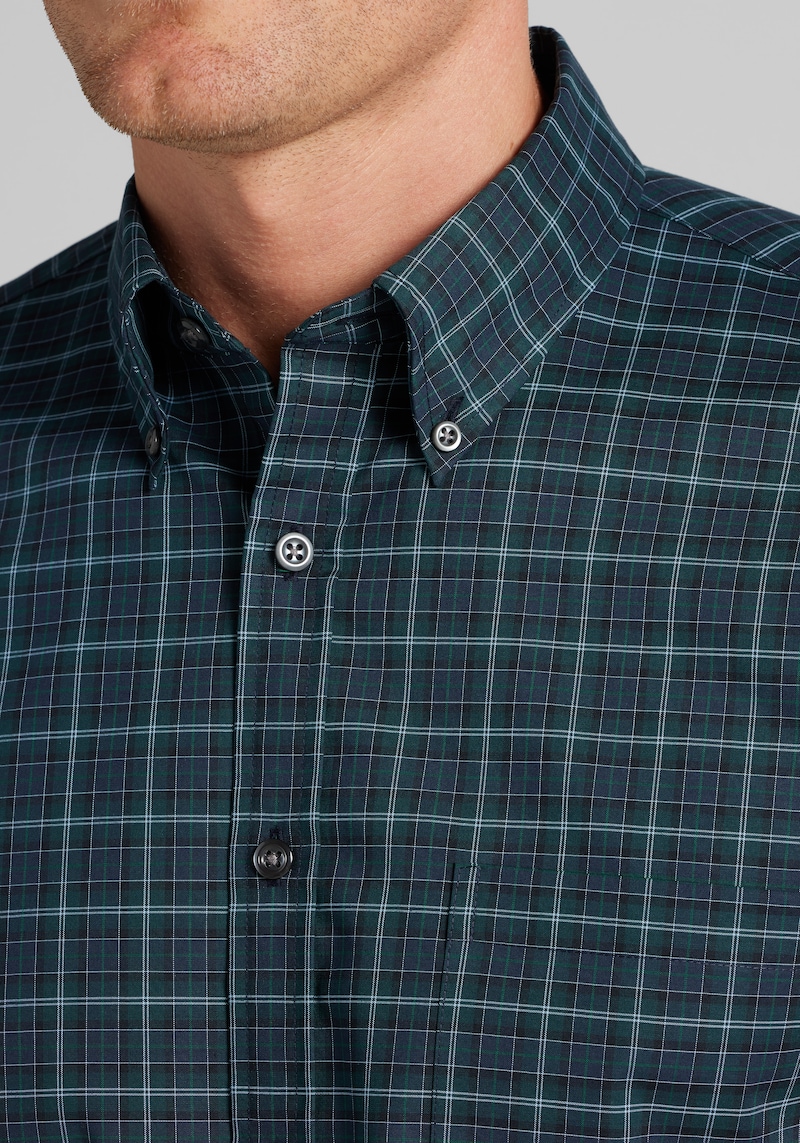 Men's Traveler Tailored Fit Non-Iron Tartan Plaid Button Up Shirt at Jos. A. Bank, Blue/Navy, Size Medium