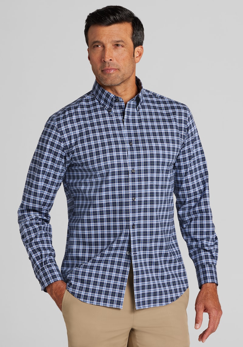 Men's Traveler Collection Tailored Fit Classic Check Button Up Shirt at Jos. A. Bank, Blue, Size Small