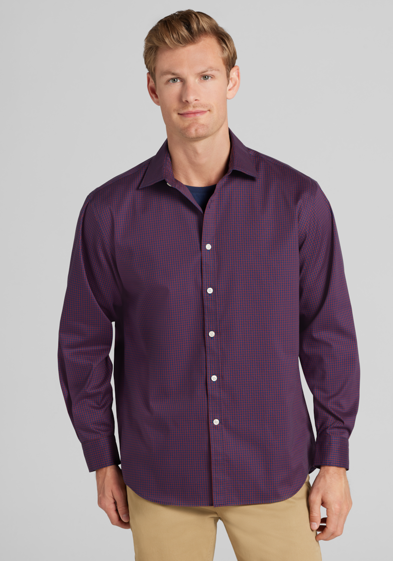 Men's Traveler Collection Traditional Fit Grid Check Button Up Shirt at Jos. A. Bank, Burgundy, Size X Large