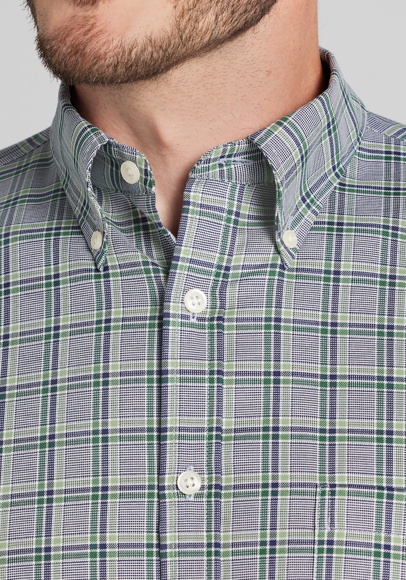 Men's Traveler Tailored Fit Non-Iron Tartan Check Button Up Shirt at Jos. A. Bank, Green, Size Small