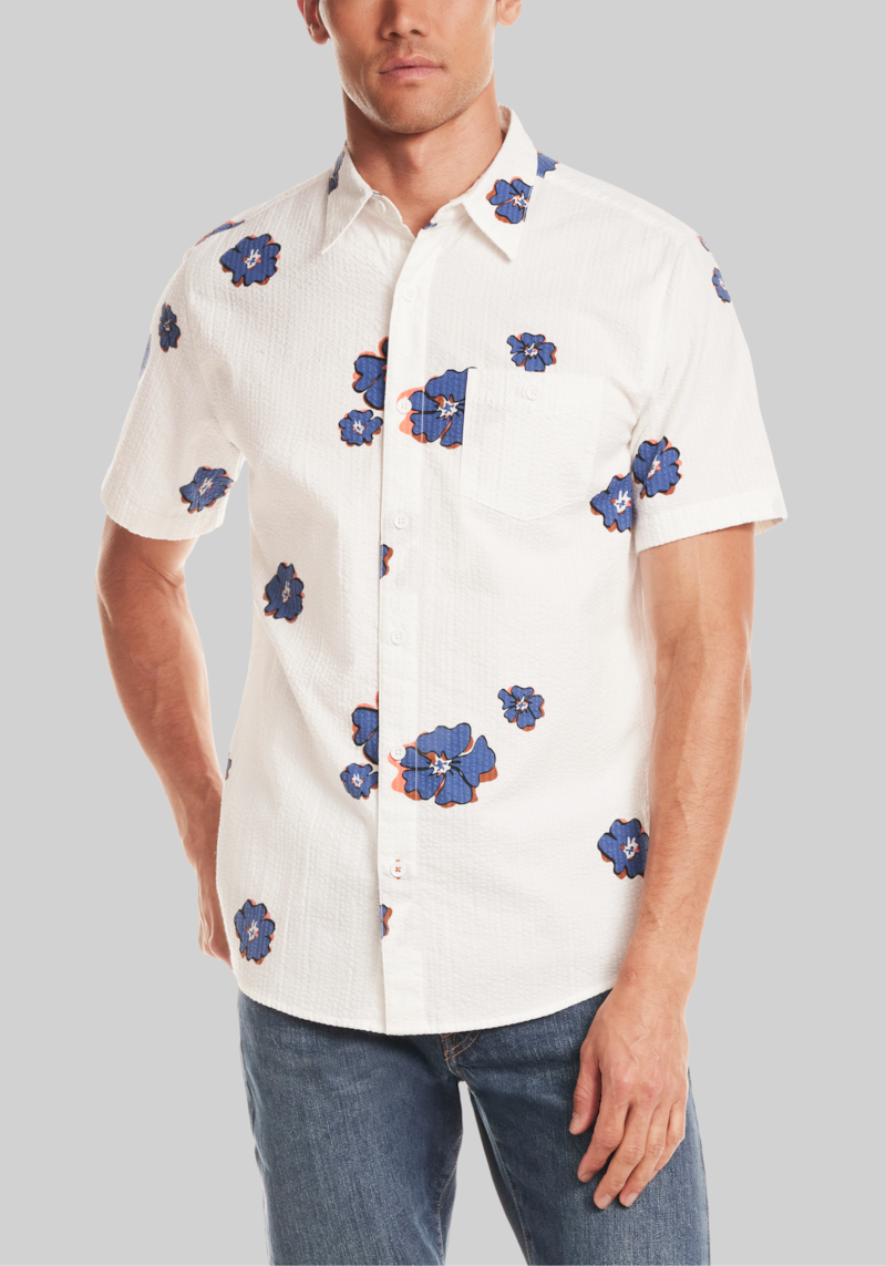 Men's Weatherproof Vintage Tailored Fit Flower Short Sleeve Button Up Shirt at Jos. A. Bank, Victoria Blue, Size Medium