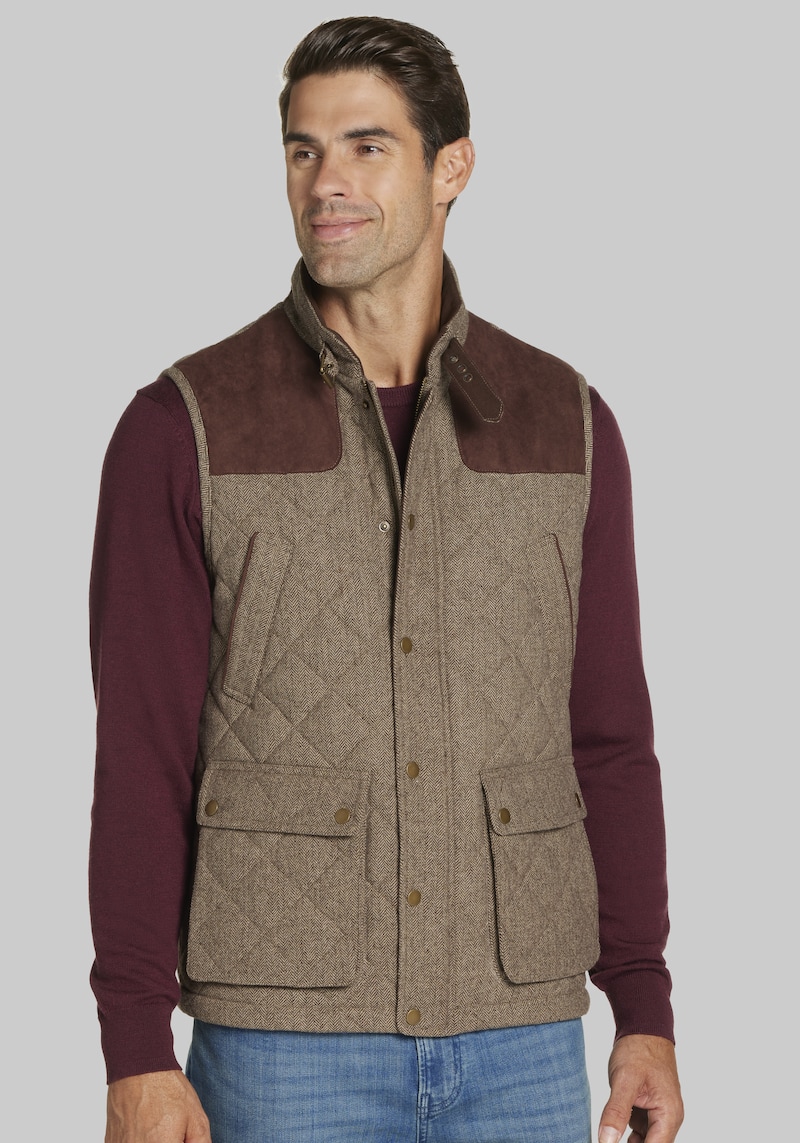 Men's Tailored Fit Herringbone Vest, Brown, Large