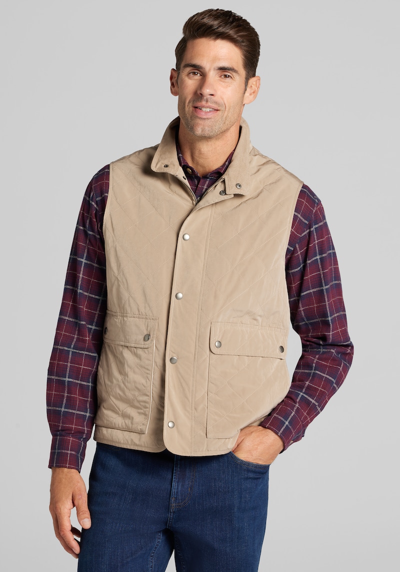 Men's Jos. A. Bank Tailored Fit Quilted Snap Vest at Jos. A. Bank, Tan, Size X Large - Outerwear