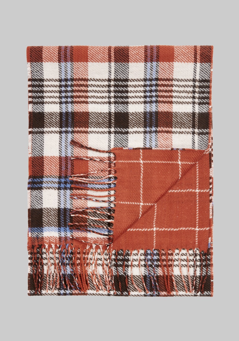 Men's Plaid To Windowpane Reversible Scarf, Rust, One Size