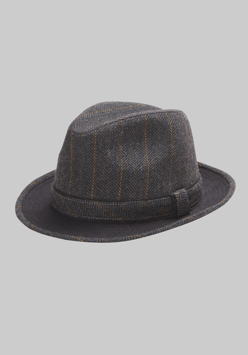 Men's Herringbone Windowpane Plaid Fedora, Charcoal, Large