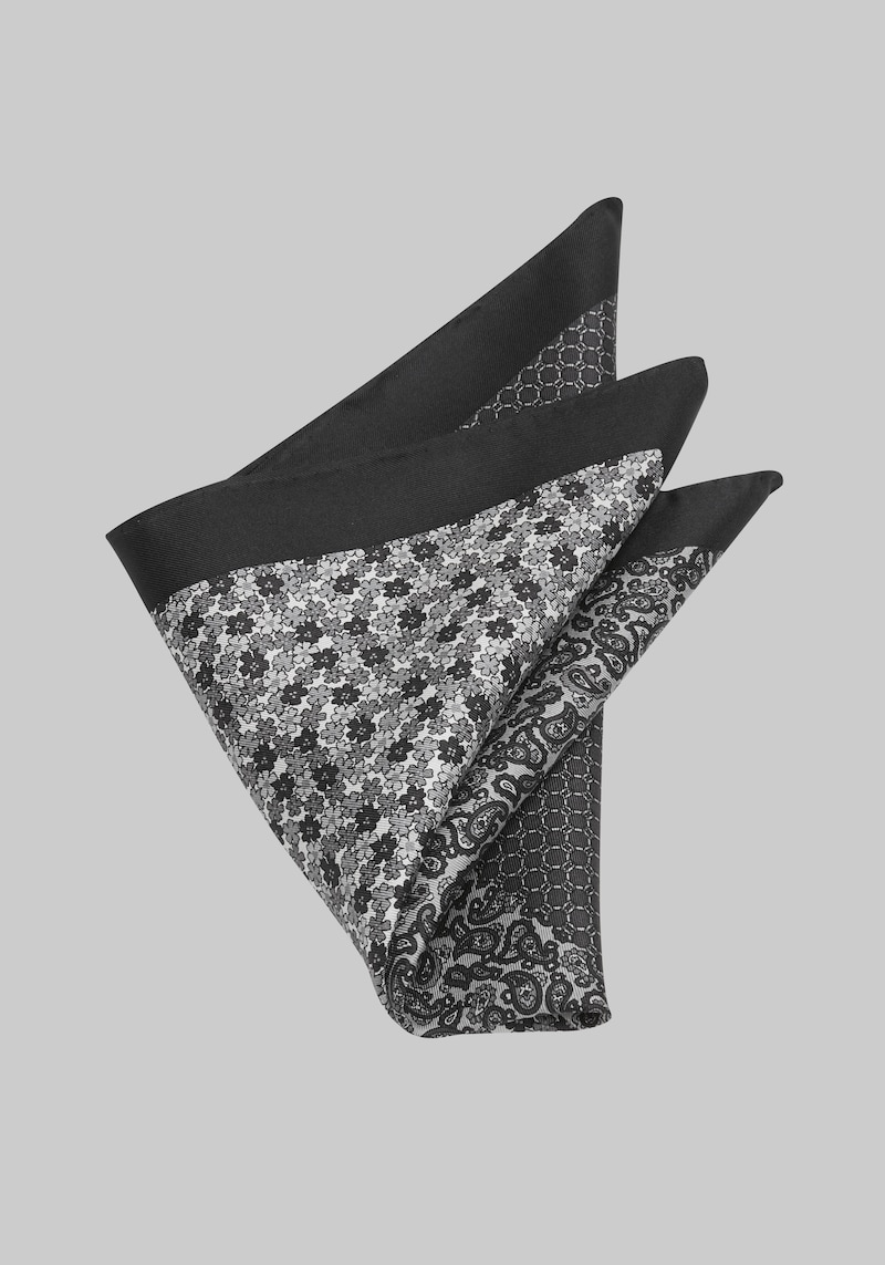 Men's Four Pattern Pocket Square, Black, One Size