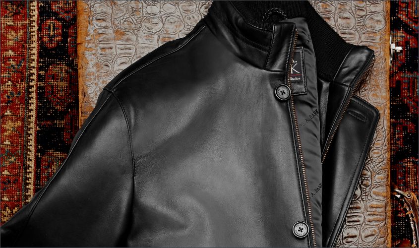 Biker Brown Leather Jacket Rib Knit Collar