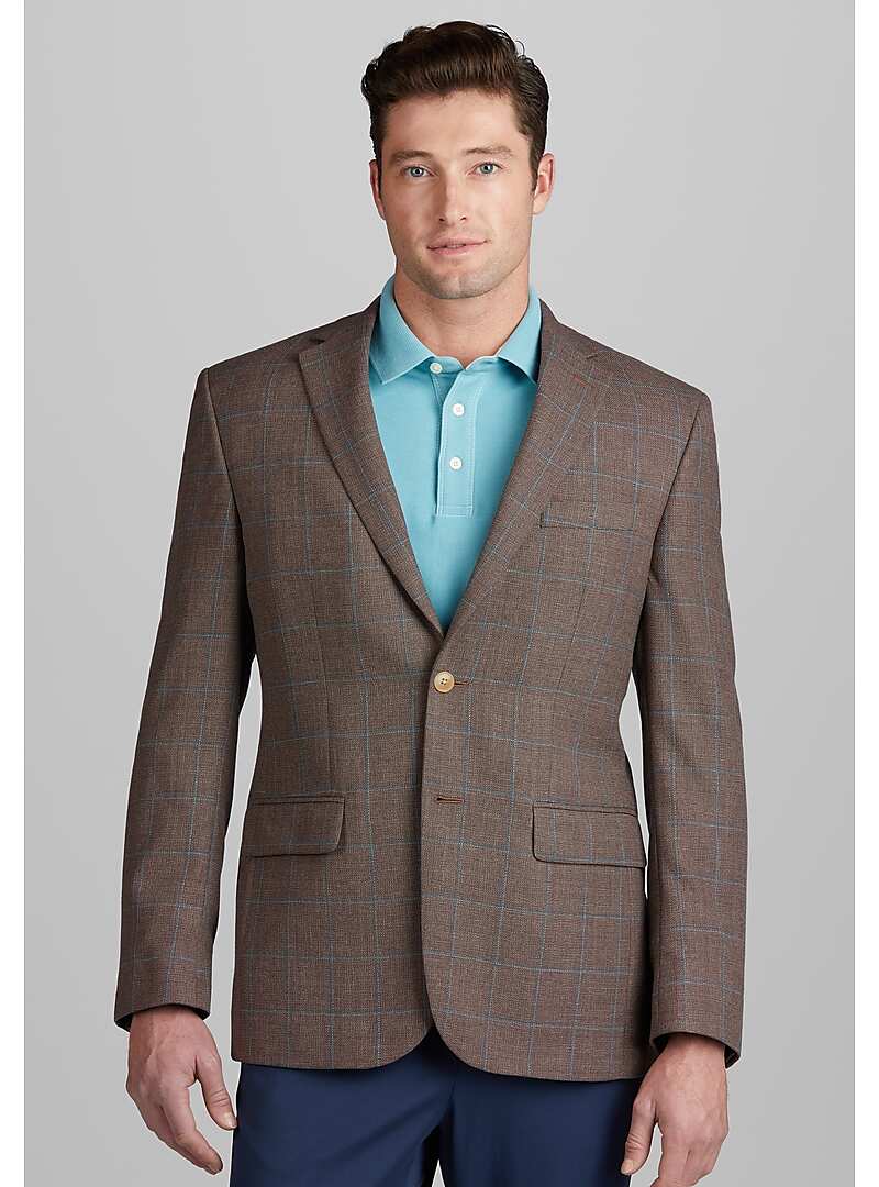 Jos. A. Bank Men's Traveler Collection Tailored Fit Windowpane Plaid Sportcoat (Brown)