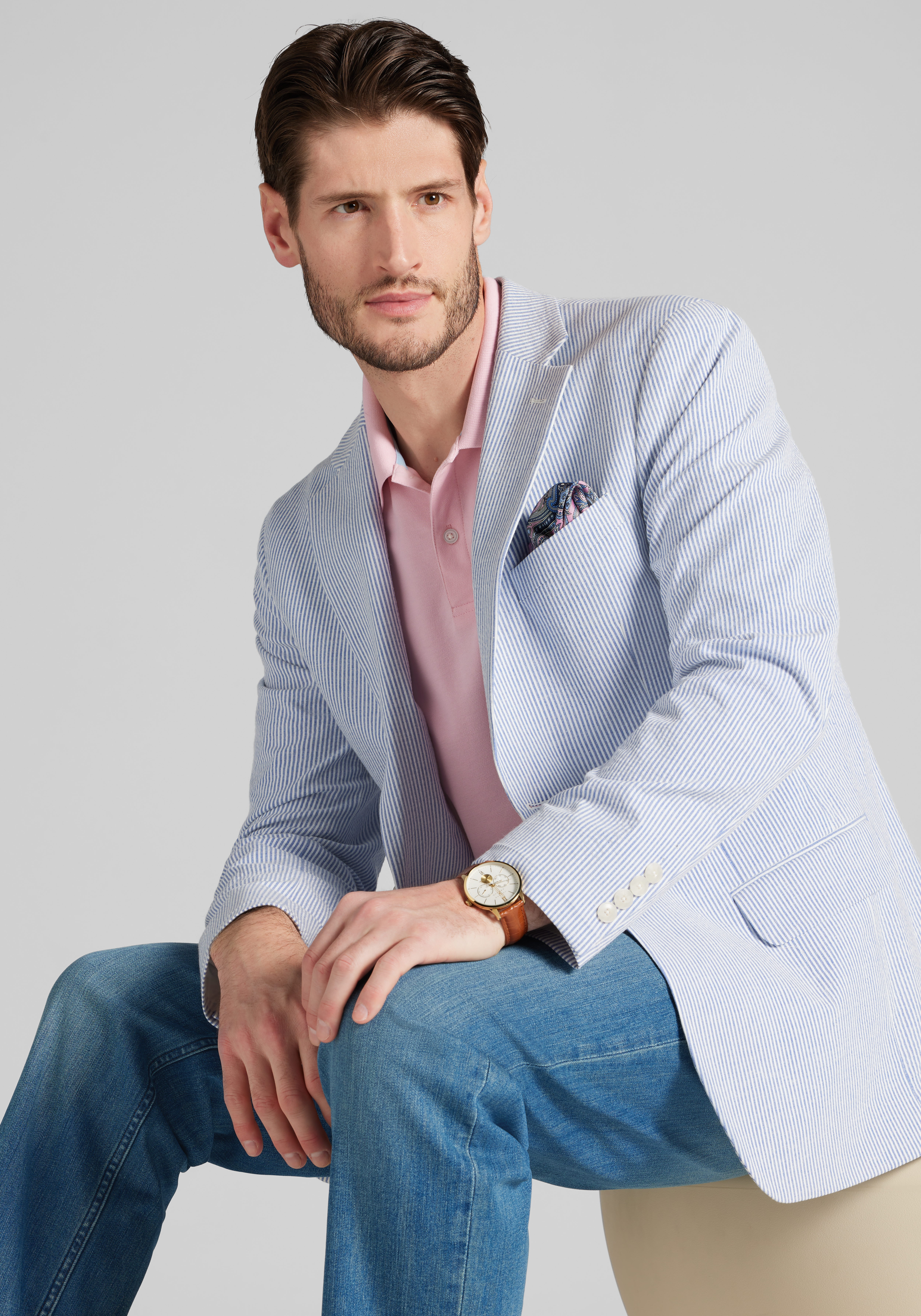 Jos. A. Bank Tailored Fit Stripe Seersucker Cotton Blend Sportcoat