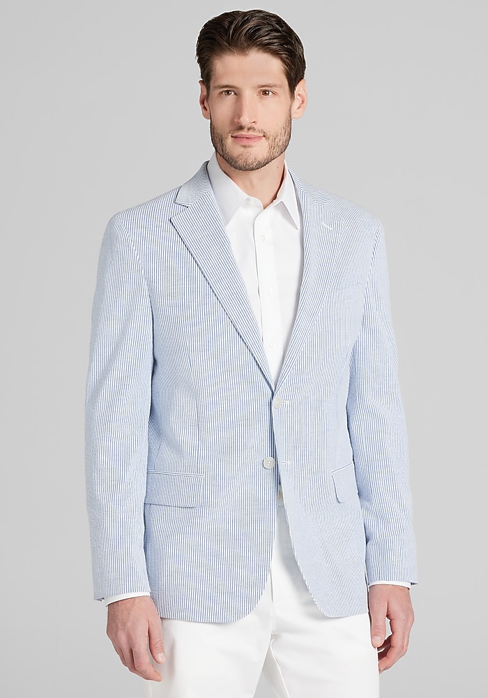 Jos. A. Bank Tailored Fit Stripe Seersucker Cotton Blend Sportcoat (Blue-70)