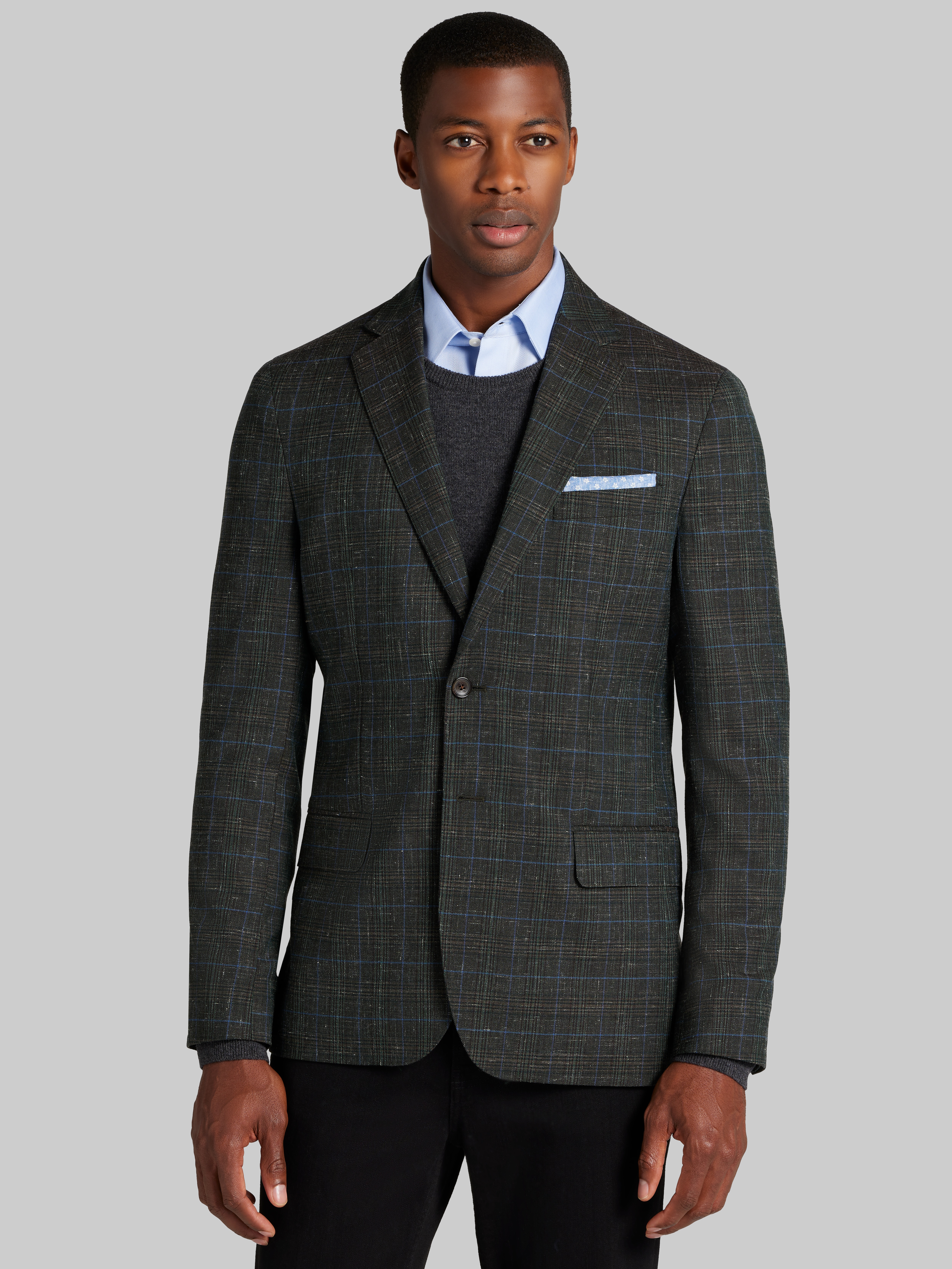 Men's New!, Reserve Collection Tailored Fit Wool-Linen Blend Plaid Sportcoat - Jos A Bank