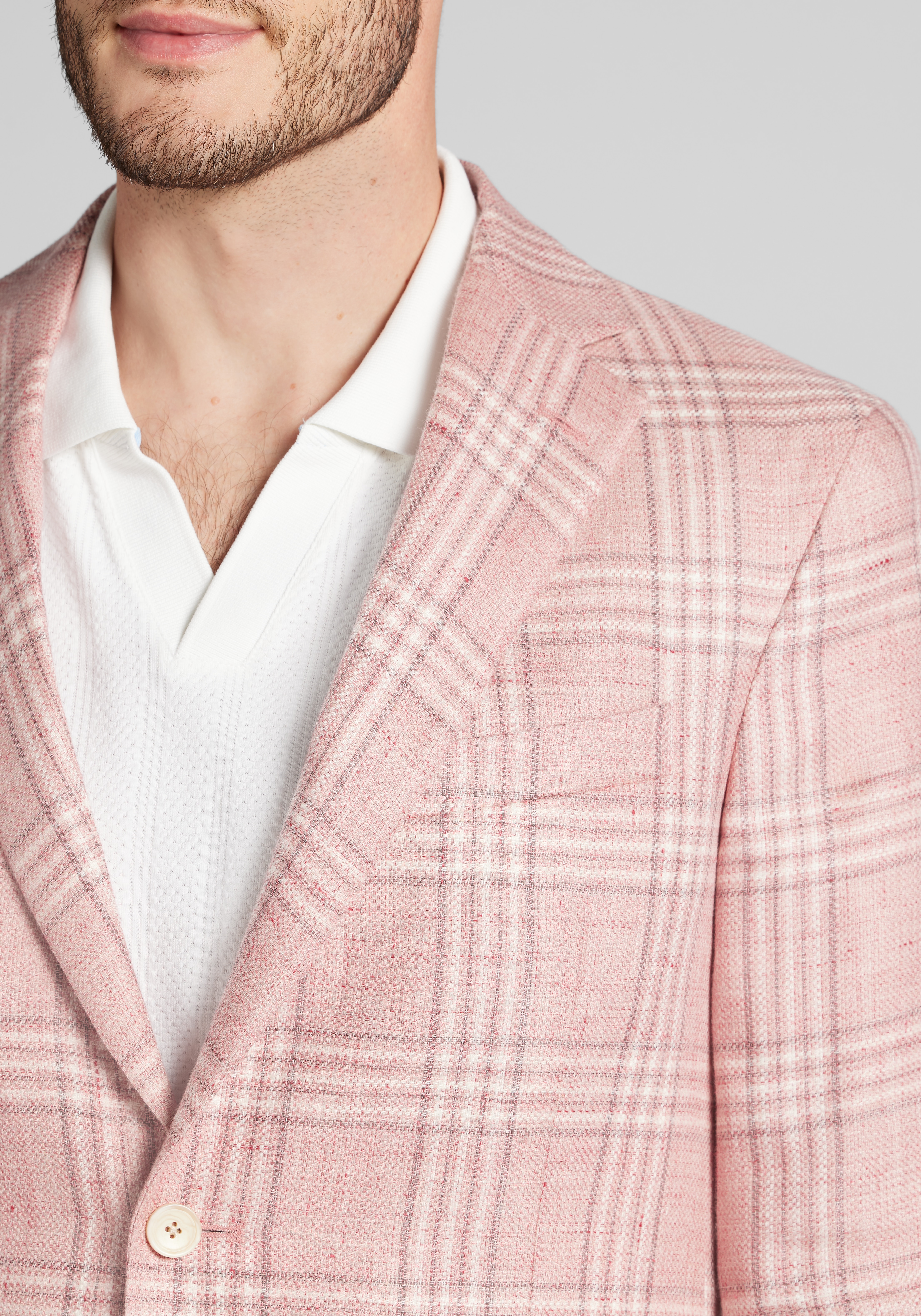 Reserve Collection Tailored Fit Medium Plaid Linen Blend Sportcoat