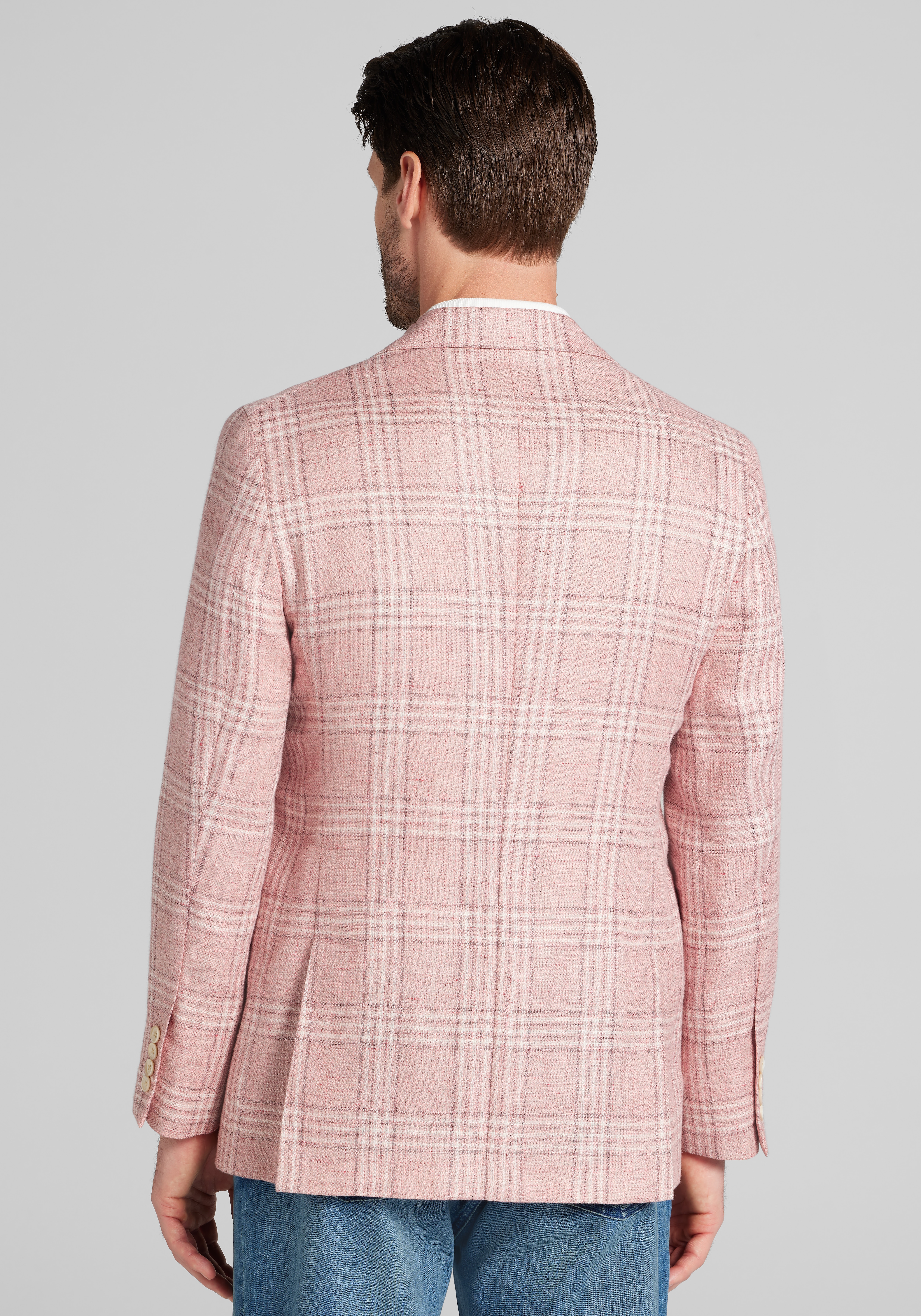Reserve Collection Tailored Fit Medium Plaid Linen Blend Sportcoat