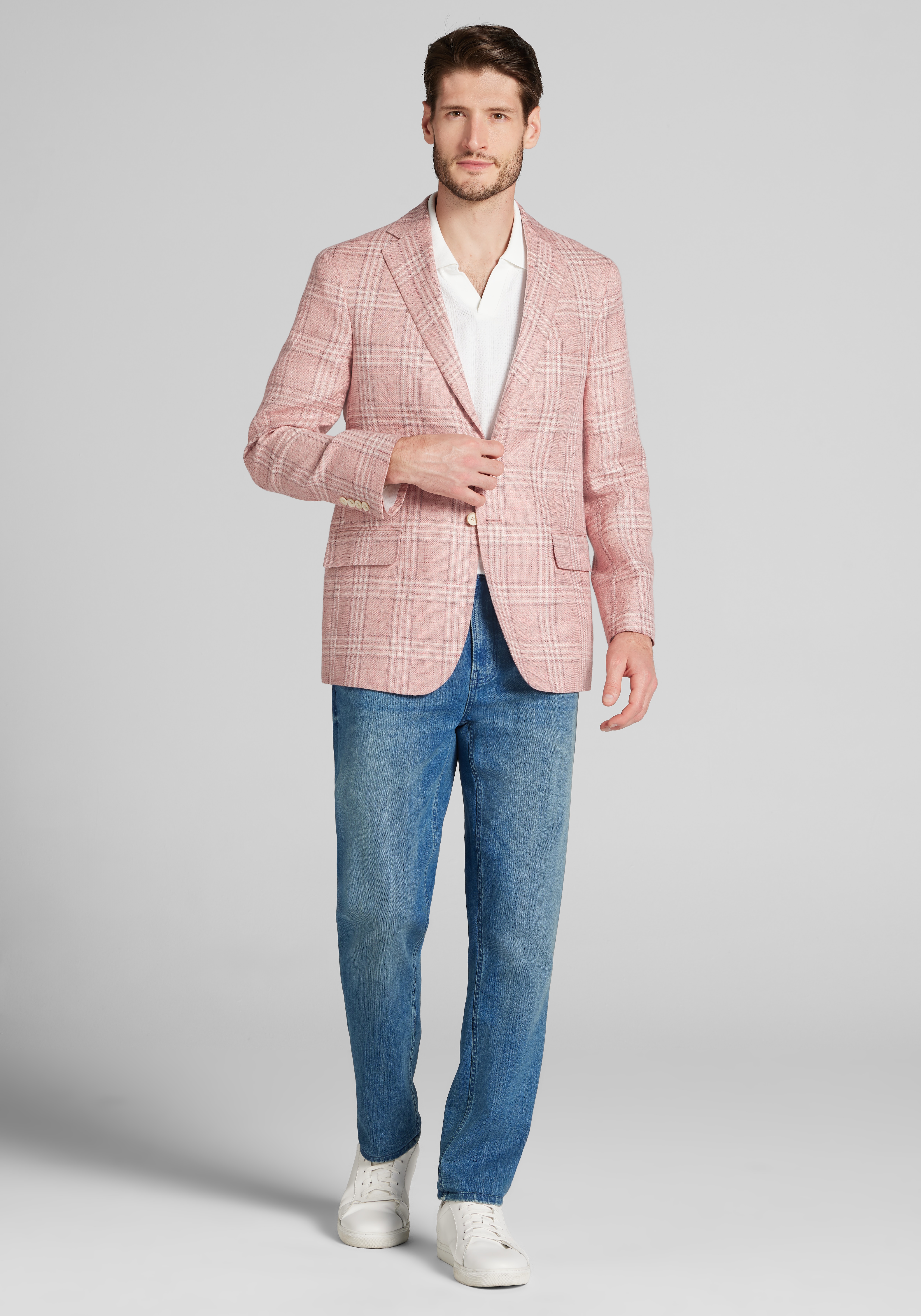 Reserve Collection Tailored Fit Medium Plaid Linen Blend Sportcoat