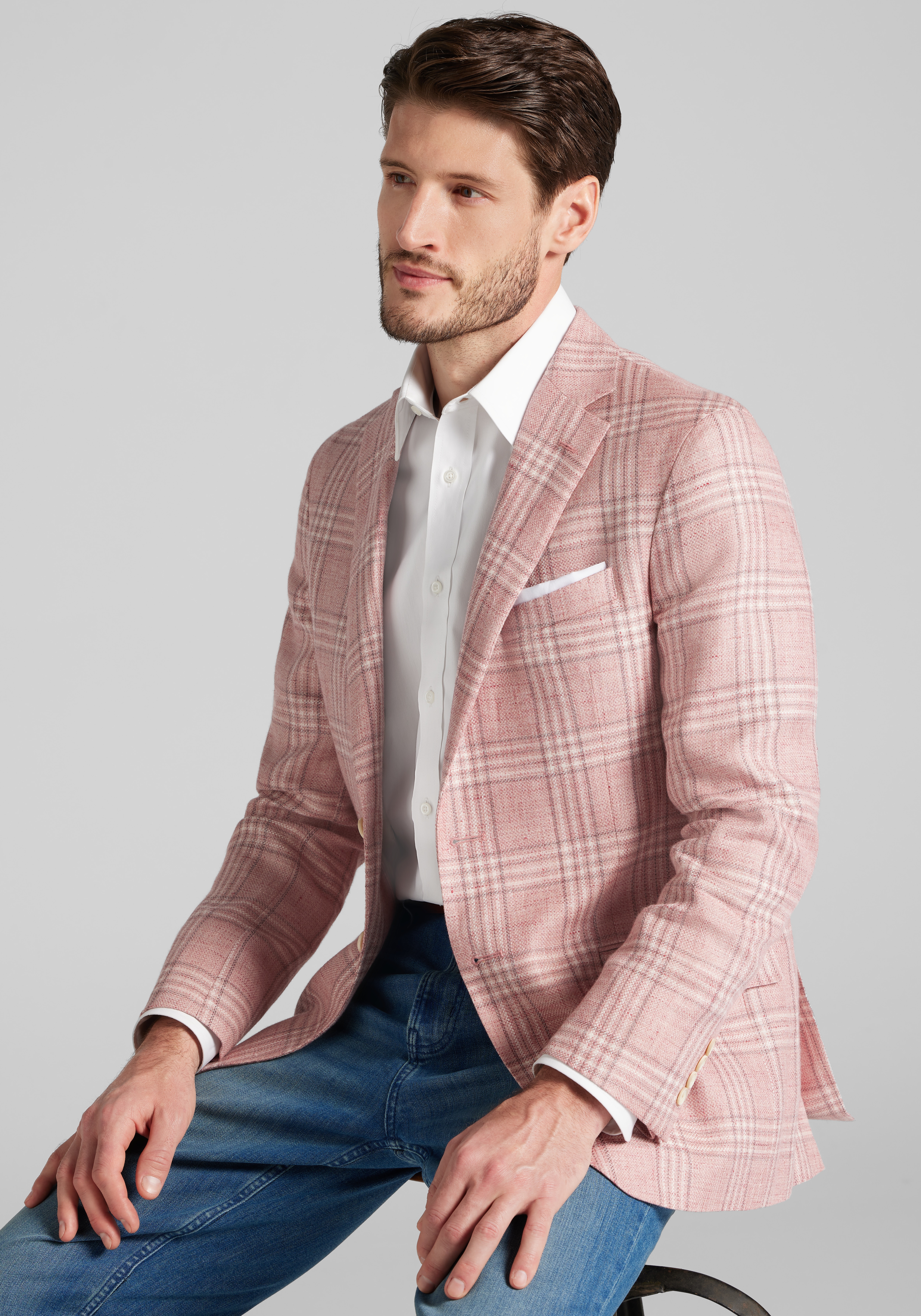 Reserve Collection Tailored Fit Medium Plaid Linen Blend Sportcoat
