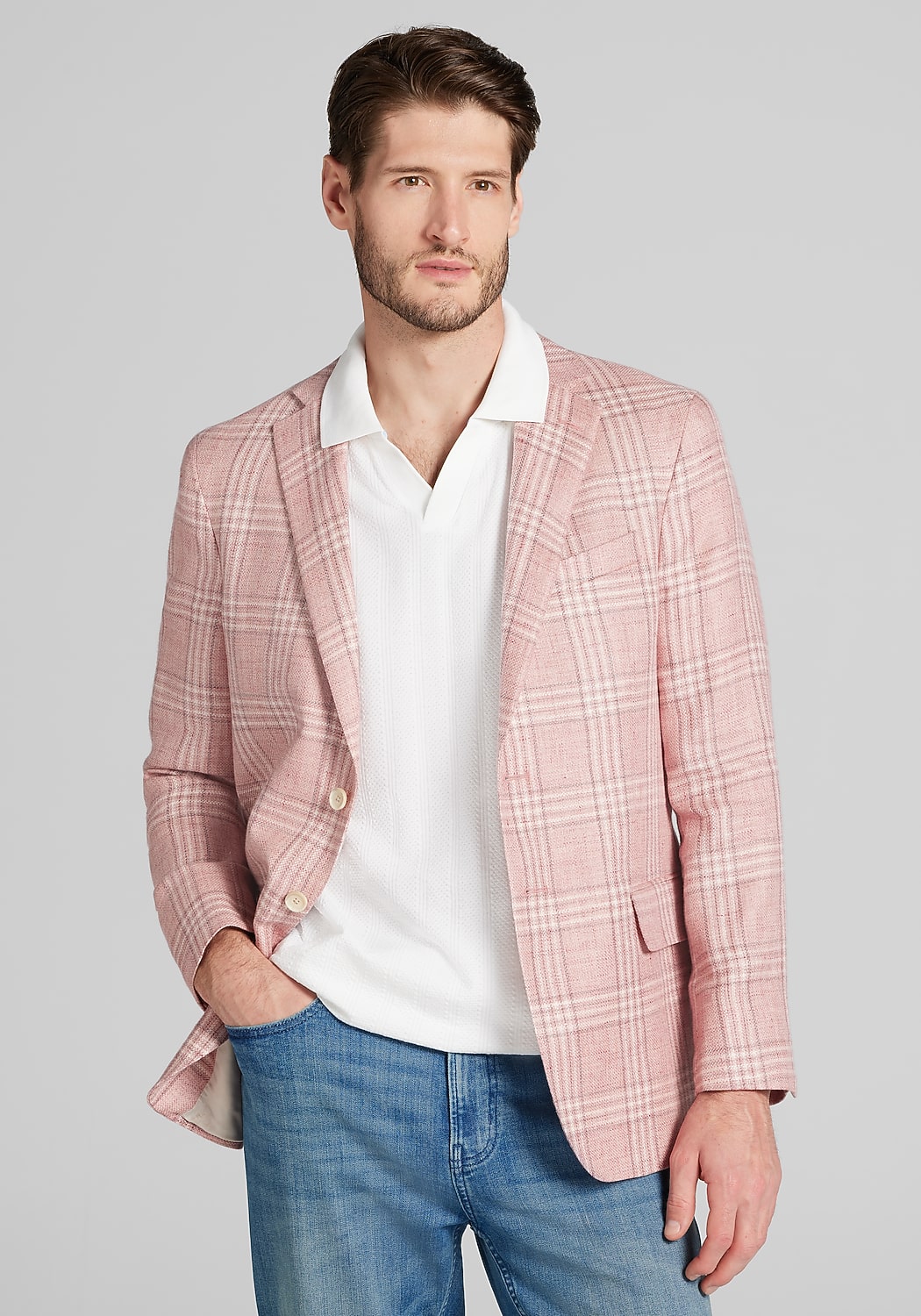Reserve Collection Tailored Fit Medium Plaid Linen Blend Sportcoat