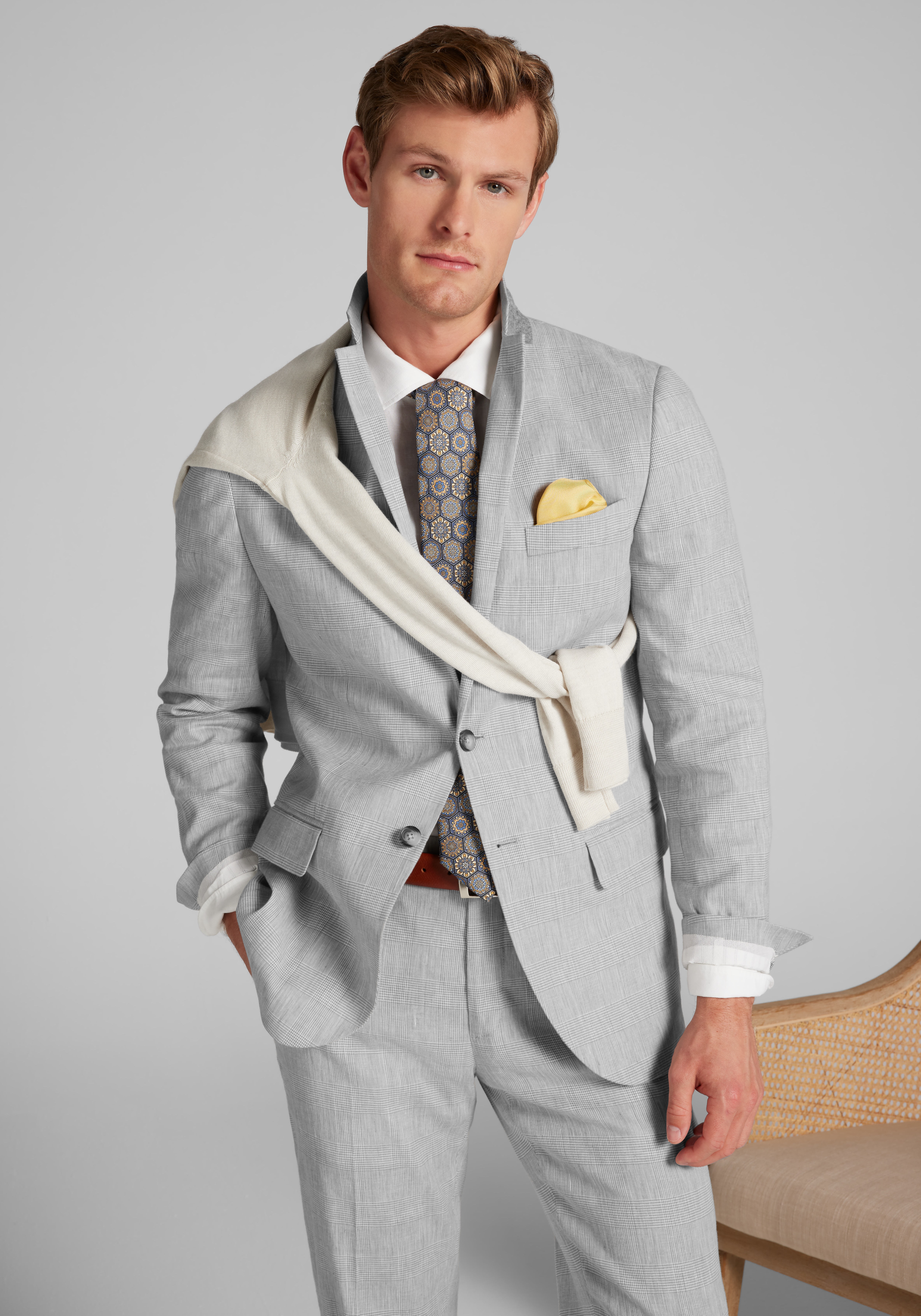 Jos. A. Bank Slim Fit Comfort Stretch Linen Blend Plaid Suit Separate Jacket