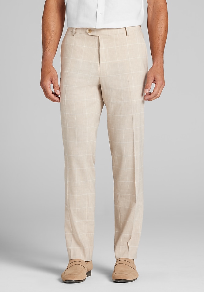 plaid dress pants Slim Burgundy Plaid Linen-blend Drawstring Dress Pant