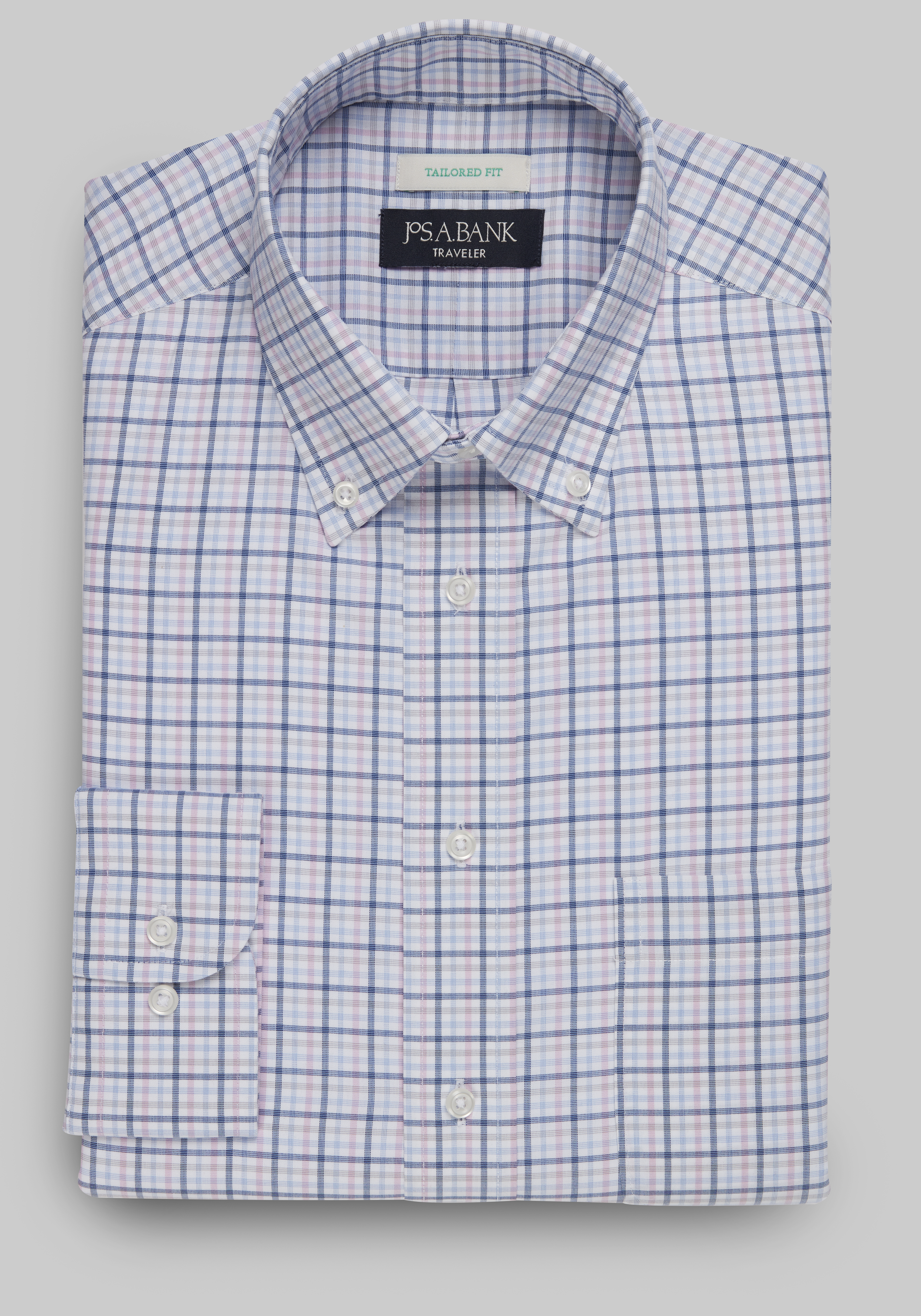 Men's Dress Shirts, Traveler Collection Tailored Fit Button-Down Collar Plaid Dress Shirt - Jos A Bank
