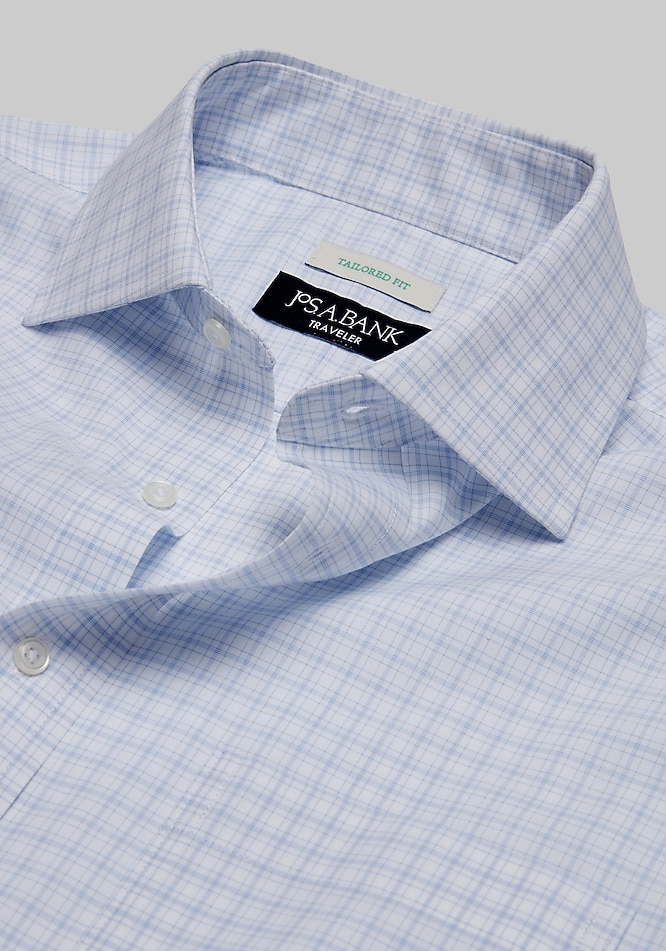 Men's Big & Tall Traveler Collection Tailored Fit Spread Collar Check Dress Shirt at Jos. A. Bank, Blue, Size 19 x 34/35