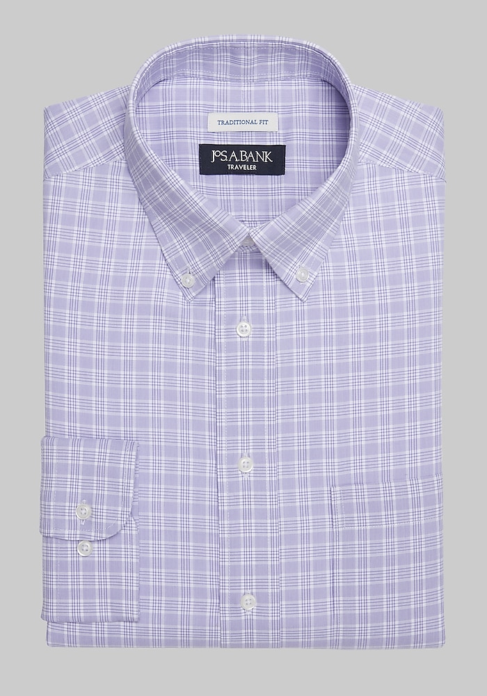 Traveler Collection Traditional Fit Button-Down Collar Plaid Dress Shirt
