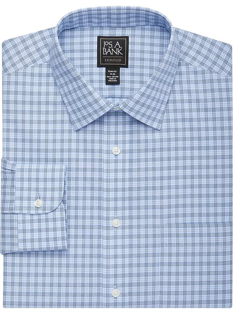 Traveler Collection Slim Fit Spread Collar Blue Plaid Dress Shirt - Big ...