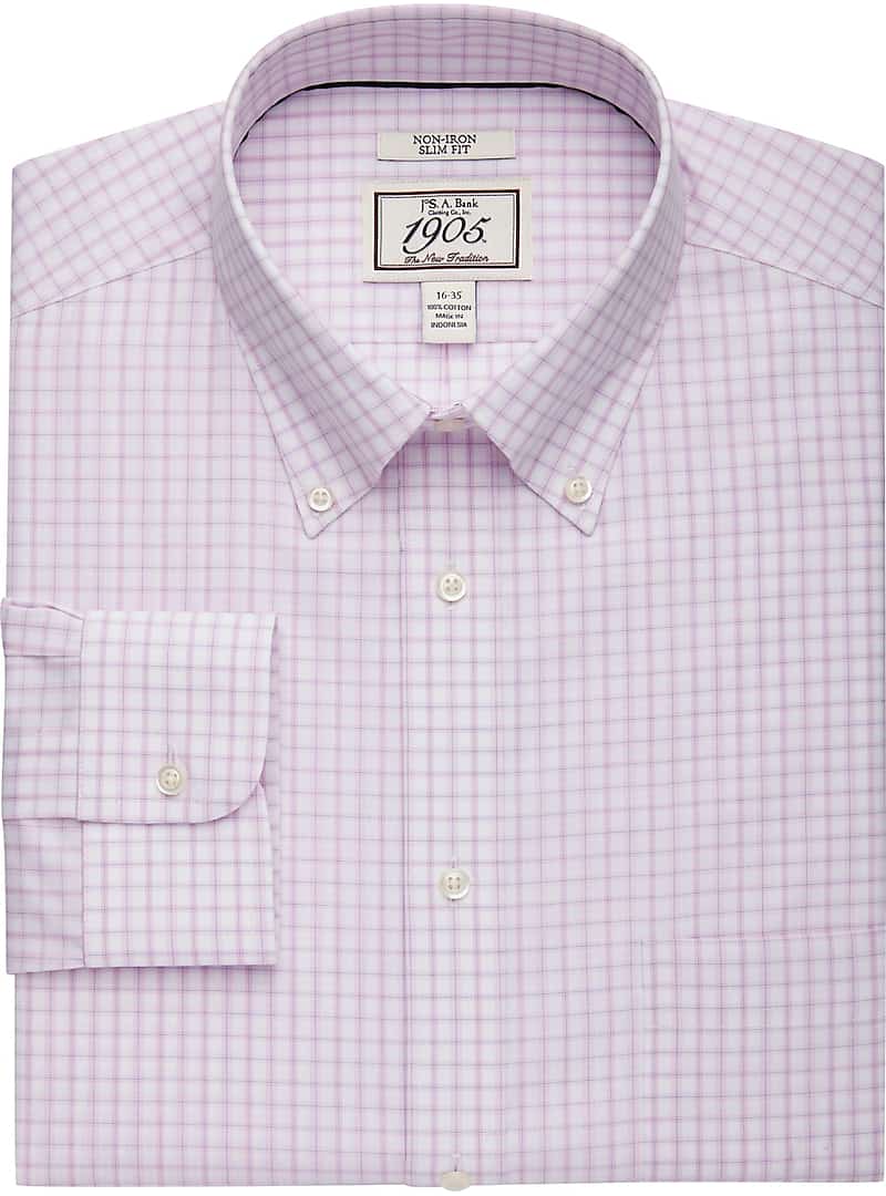 1905 Collection Slim Fit Button-Down Collar Men's Check Dress Shirt (Pink)