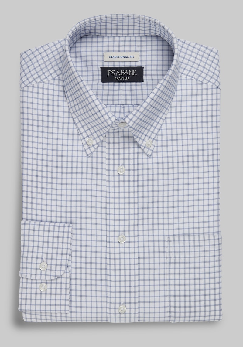 Men's Big & Tall Traveler Collection Traditional Fit Check Dress Shirt at Jos. A. Bank, Blue/Navy, Size 18 X 32/33