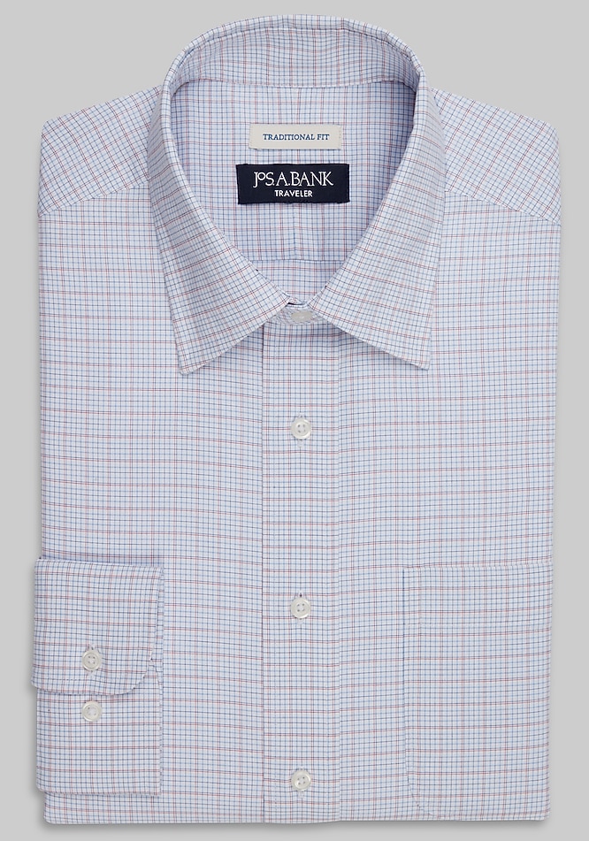 Men's Big & Tall Traveler Collection Traditional Fit Point Collar Plaid Dress Shirt at Jos. A. Bank, Red, Size 19 x 34/35