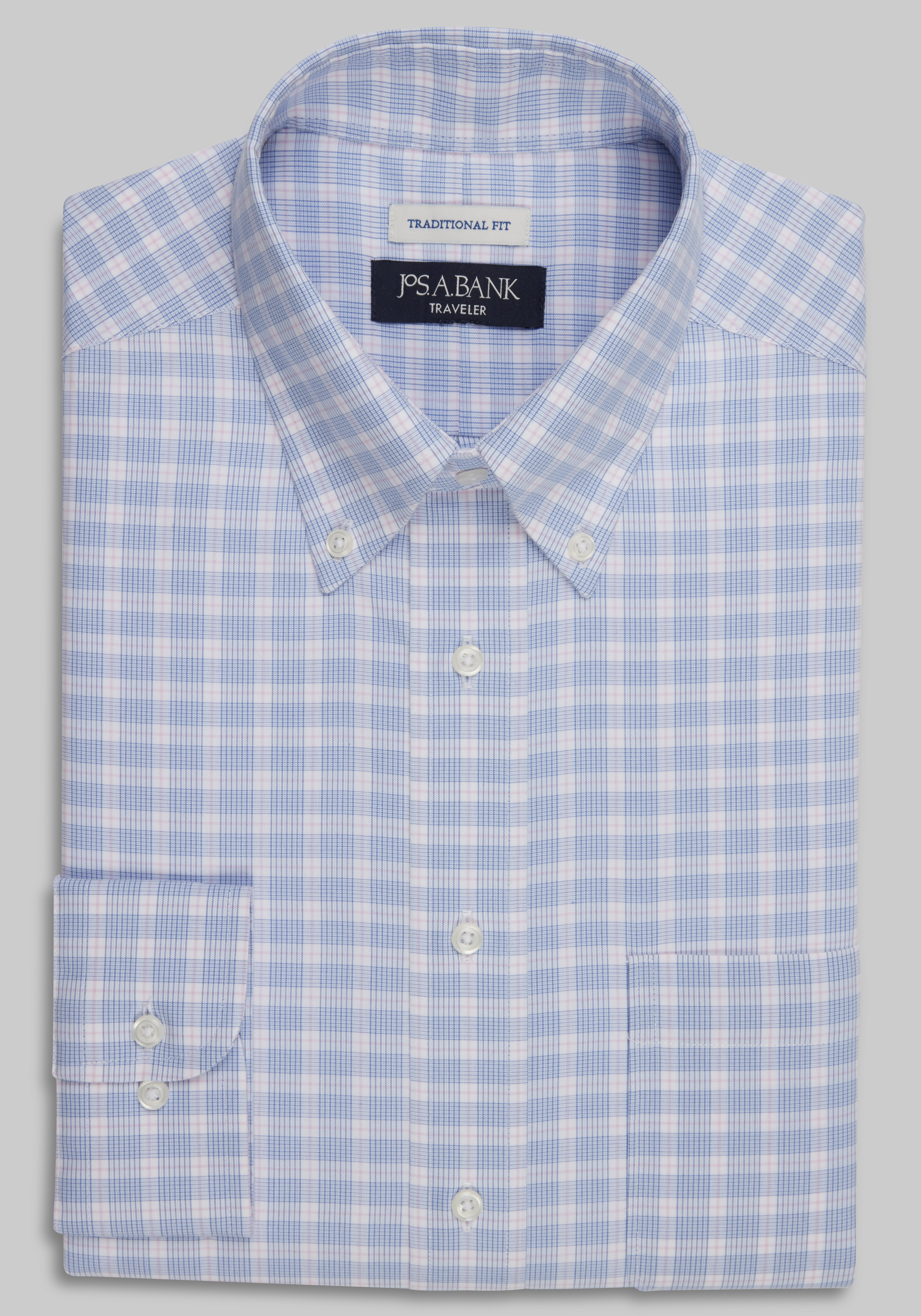 Men's Dress Shirts, Traveler Collection Traditional Fit Button-Down Collar Plaid Dress Shirt - Jos A Bank