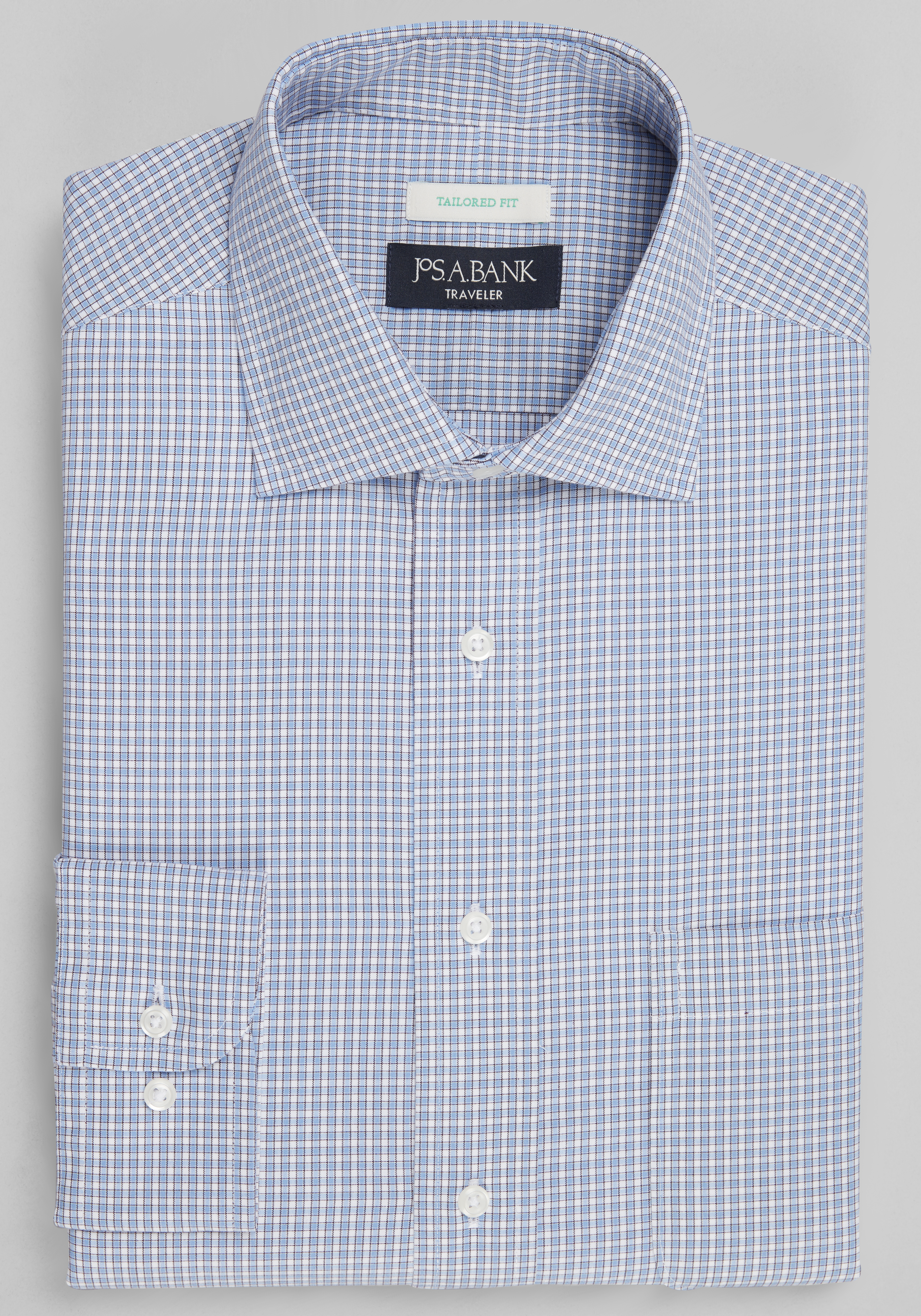 Men's Dress Shirts, Traveler Collection Tailored Fit Spread Collar Small Check Dress Shirt - Jos A Bank