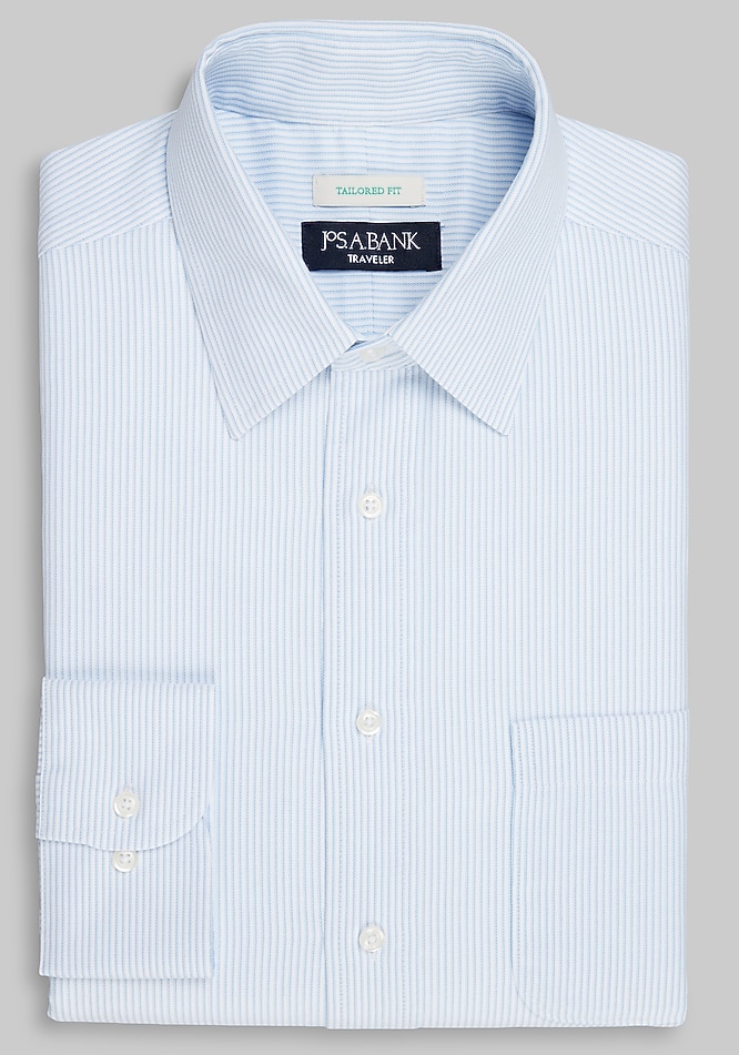 Men's Traveler Collection Tailored Fit Point Collar Stripe Dress Shirt at Jos. A. Bank, Light Blue, Size 16 X 32/33