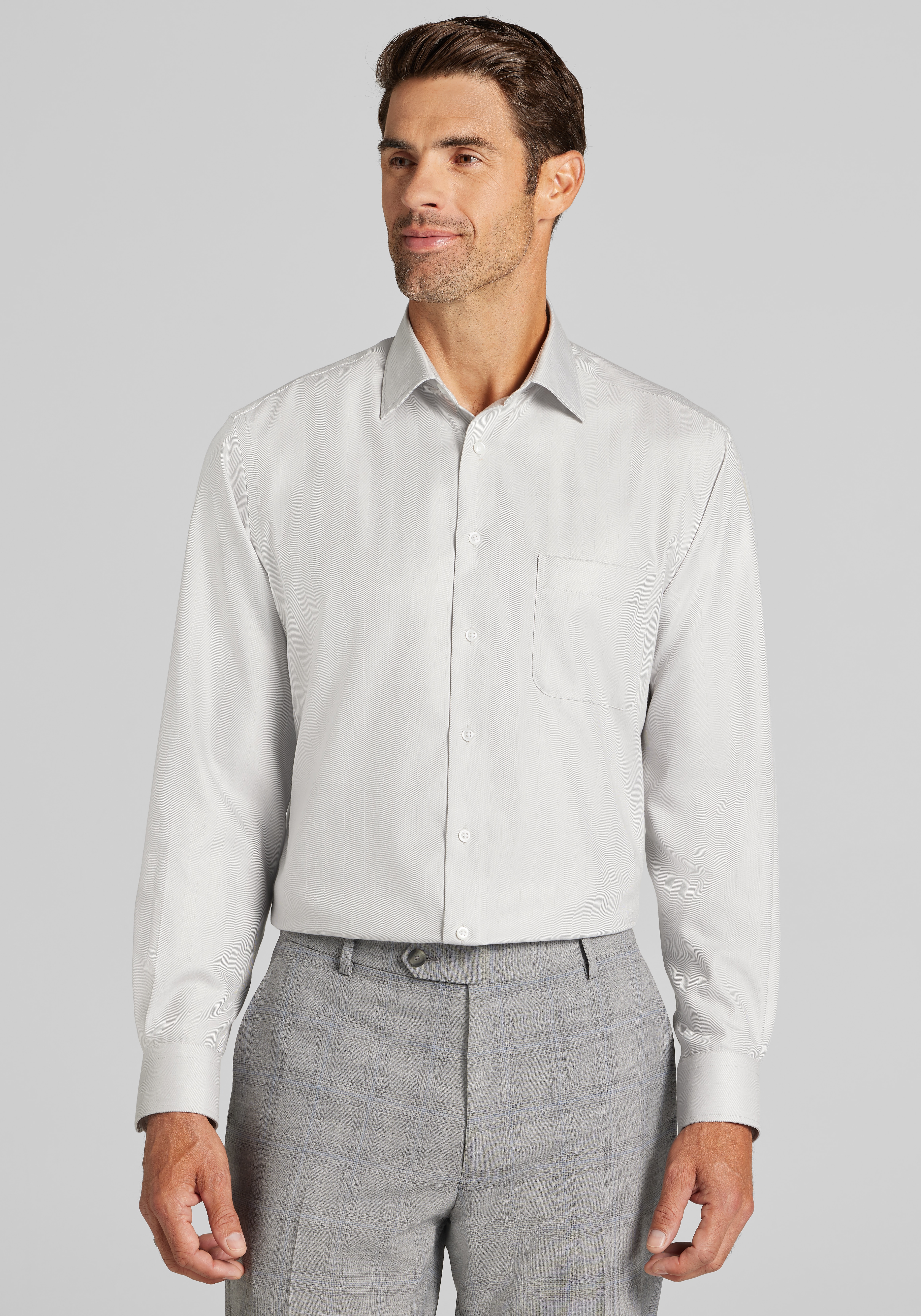 Men's Dress Shirts, Reserve Collection Tailored Fit Solid Herringbone Dress Shirt - Jos A Bank