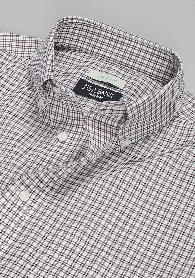Men's Big & Tall Traveler Collection Tailored Fit Button-Down Collar Double Check Dress Shirt at Jos. A. Bank, Burgundy, Size 18 X 34/35