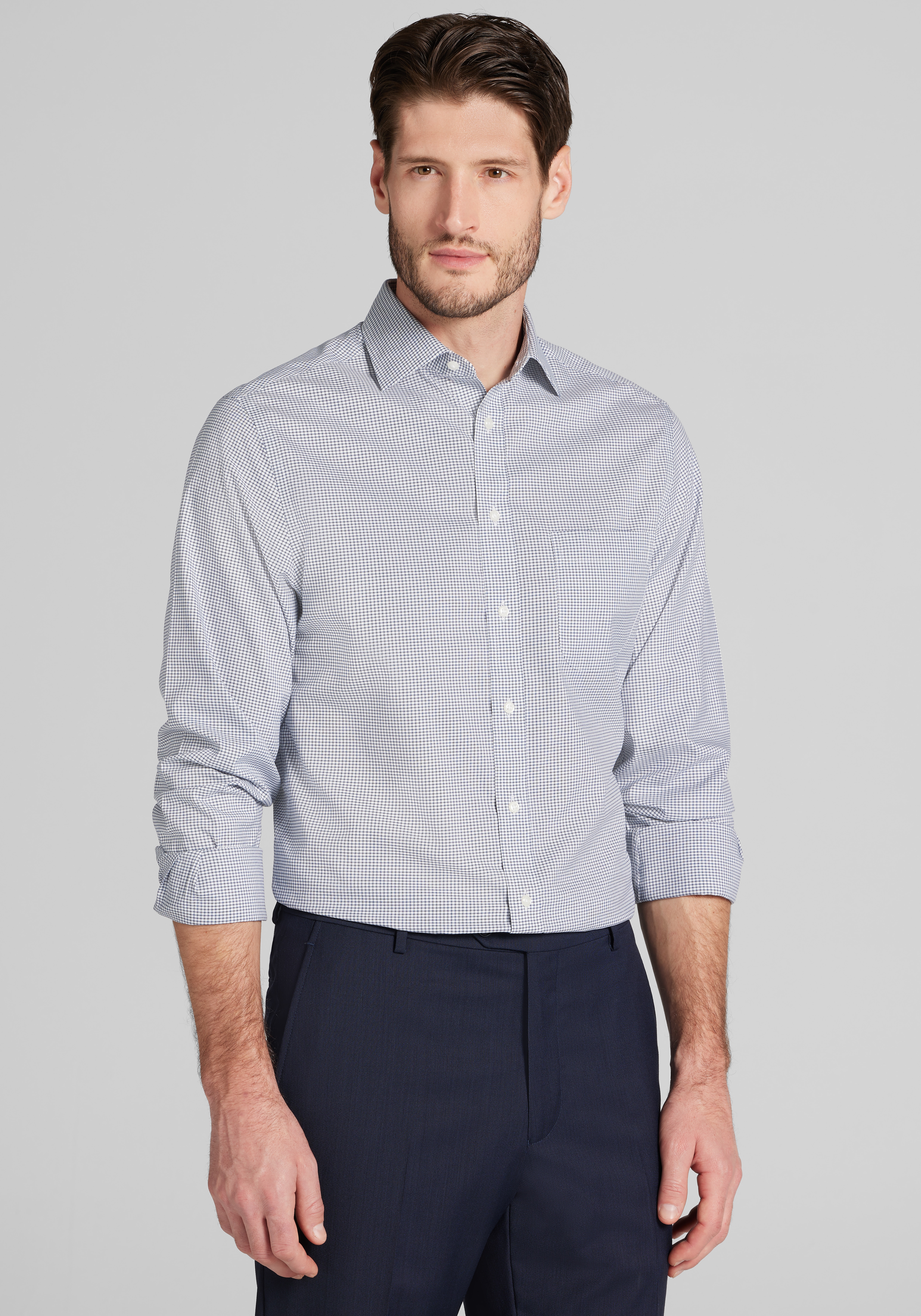 Men's Dress Shirts, Traveler® Collection Slim Fit Spread Collar Grid Dress Shirt - Jos A Bank