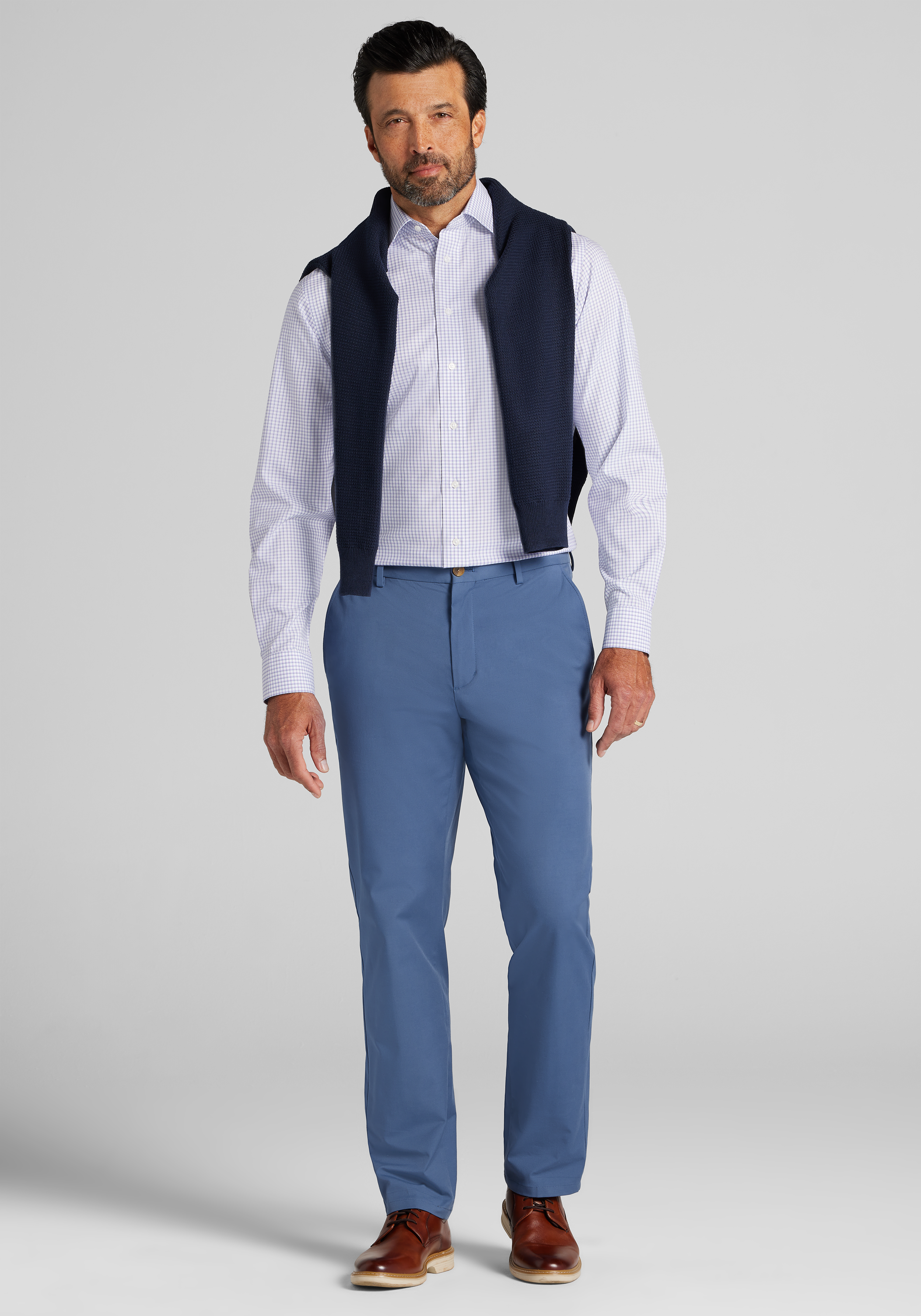 Traveler® Collection Tailored Fit Spread Collar Grid Dress Shirt