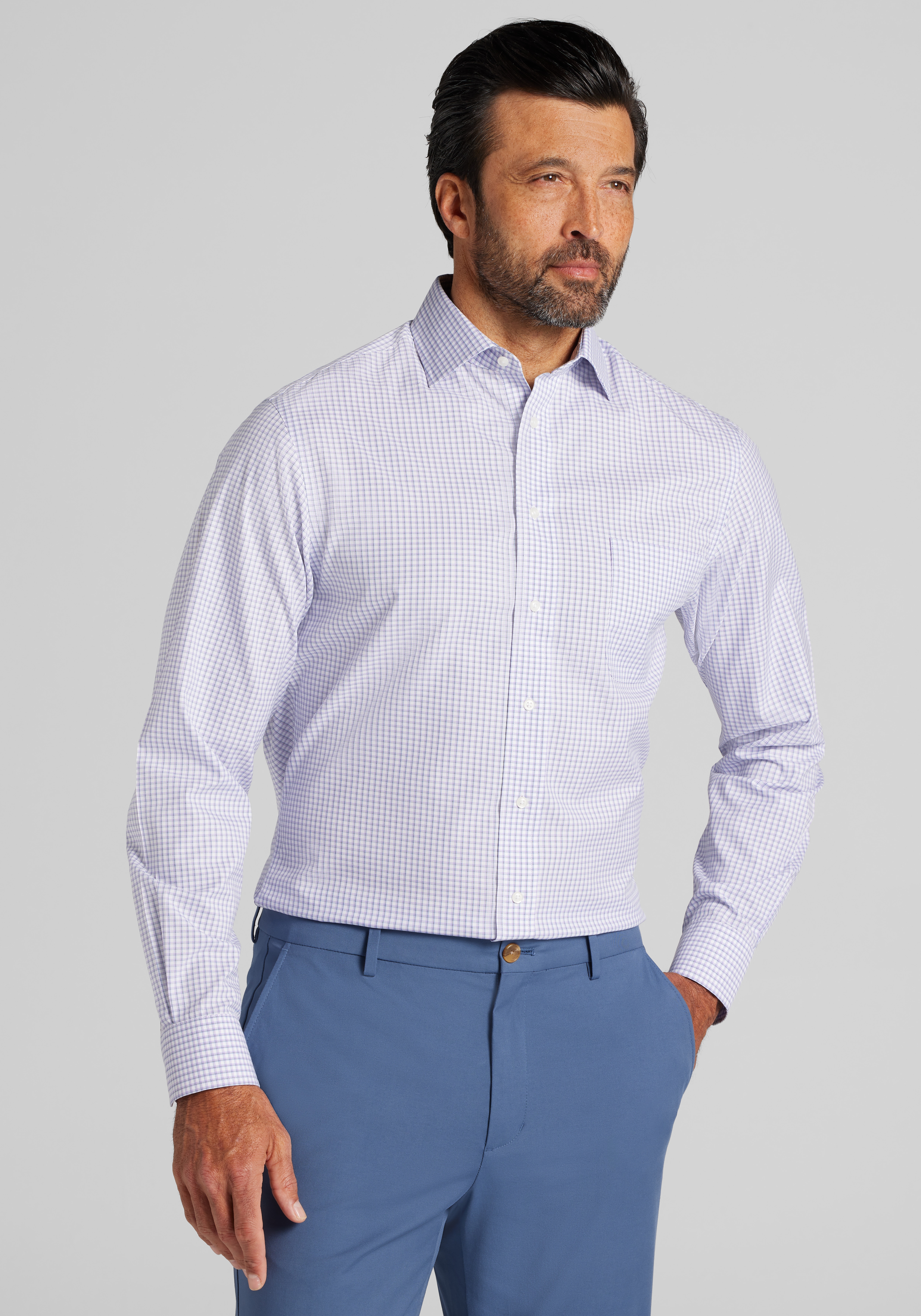 Men's New!, Traveler® Collection Tailored Fit Spread Collar Grid Dress Shirt - Jos A Bank